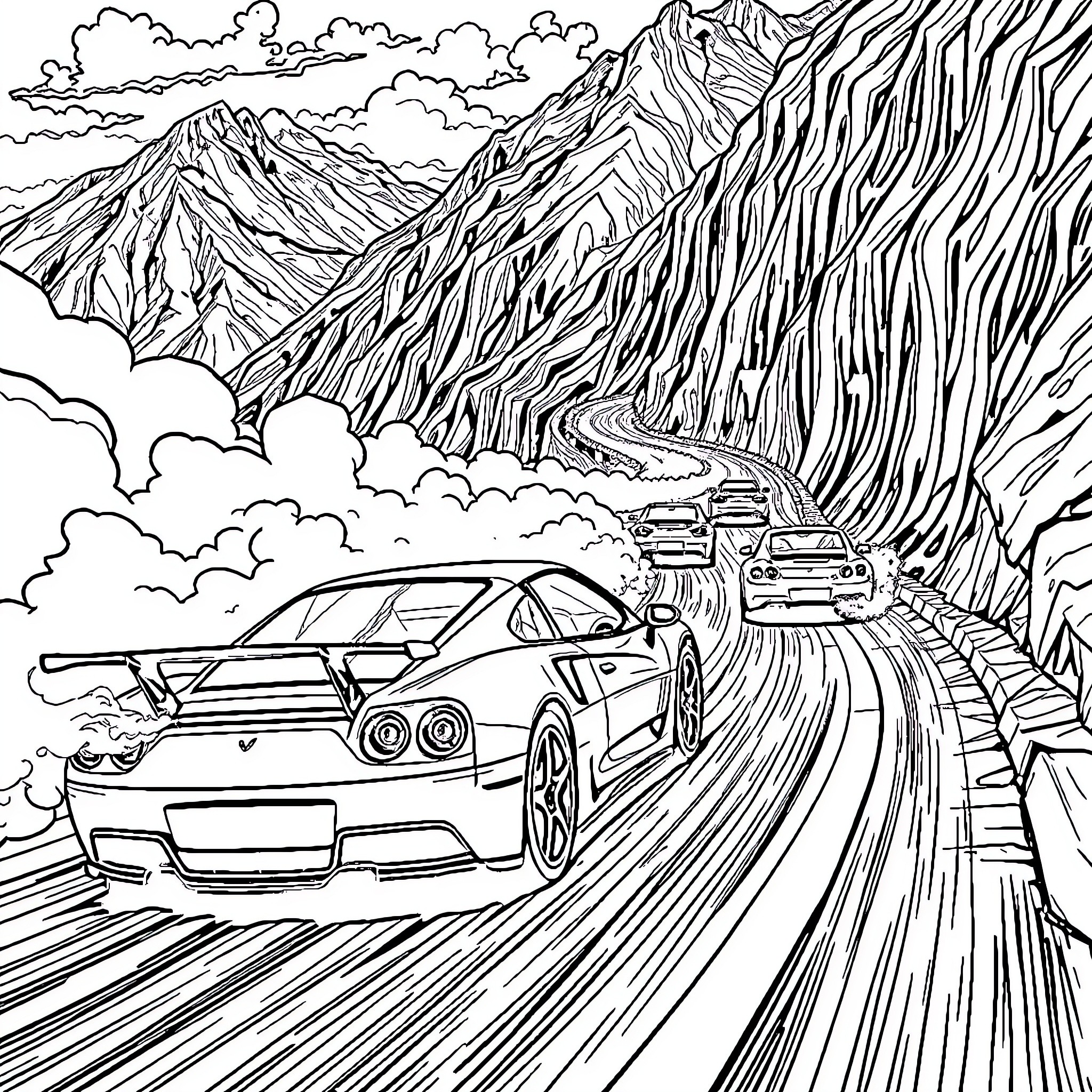 Car speeding on winding mountain road Coloring Page (free black-and-white line drawing printable PDF for all, from beginners to advanced learners, including children, teens, adults, and seniors)