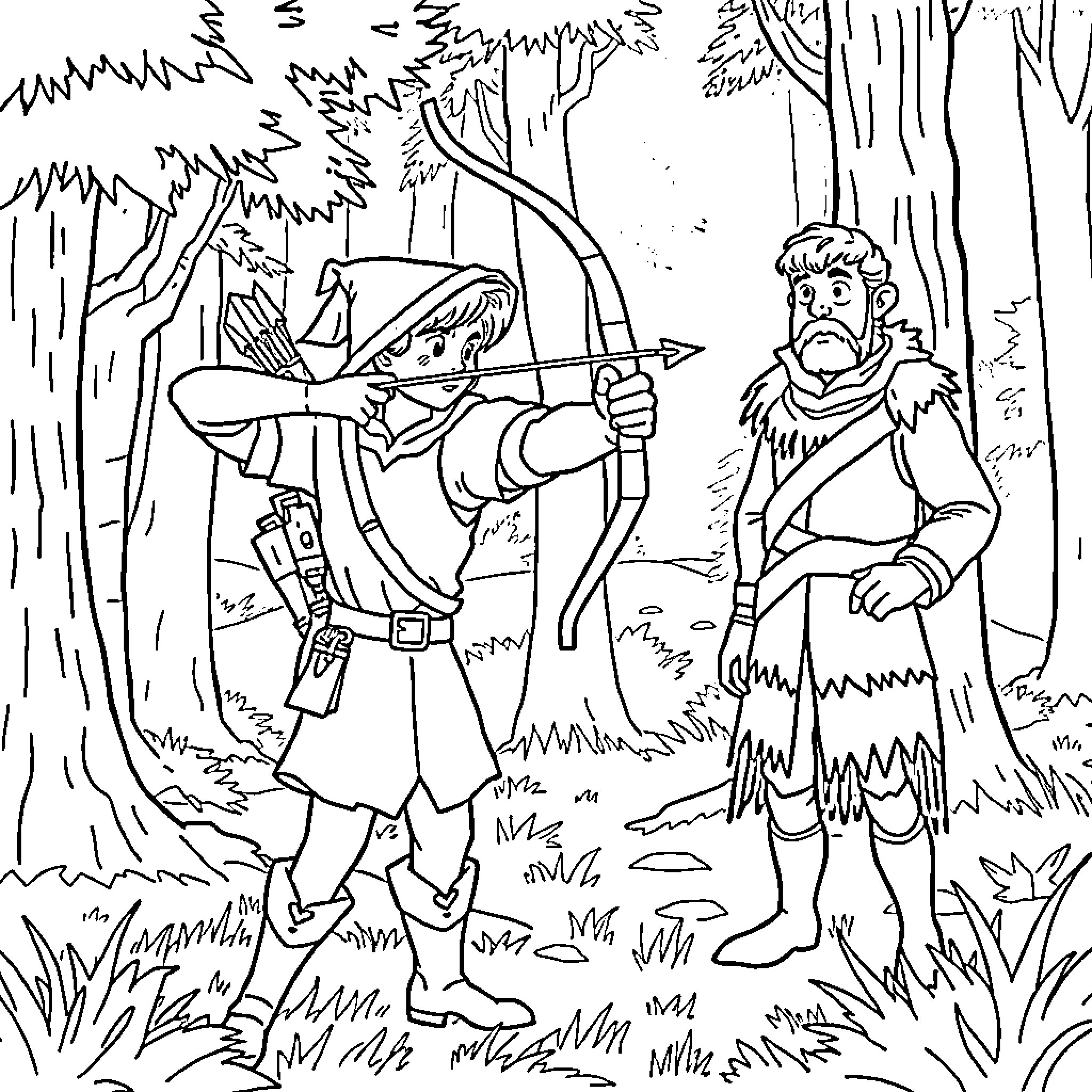 Robin Hood aiming his bow in the forest Coloring Page (free black-and-white line drawing printable PDF for all, from beginners to advanced learners, including children, teens, adults, and seniors)