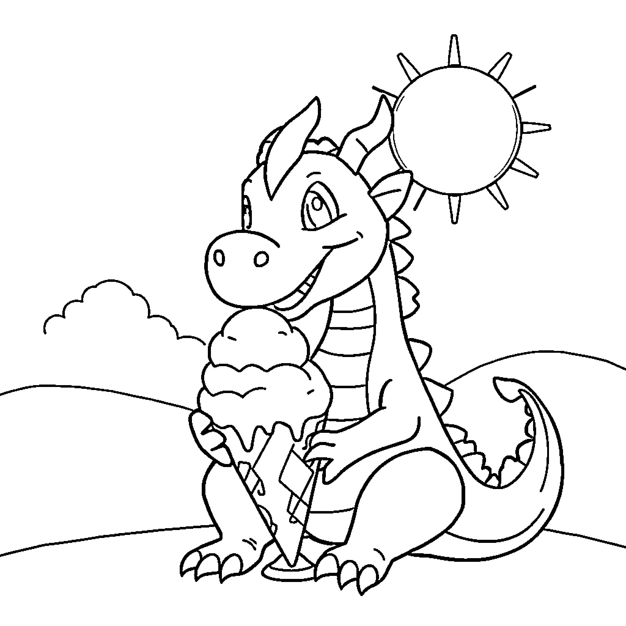 Dragon enjoying an ice cream on a sunny day Coloring Page (free black-and-white line drawing printable PDF for all, from beginners to advanced learners, including children, teens, adults, and seniors)