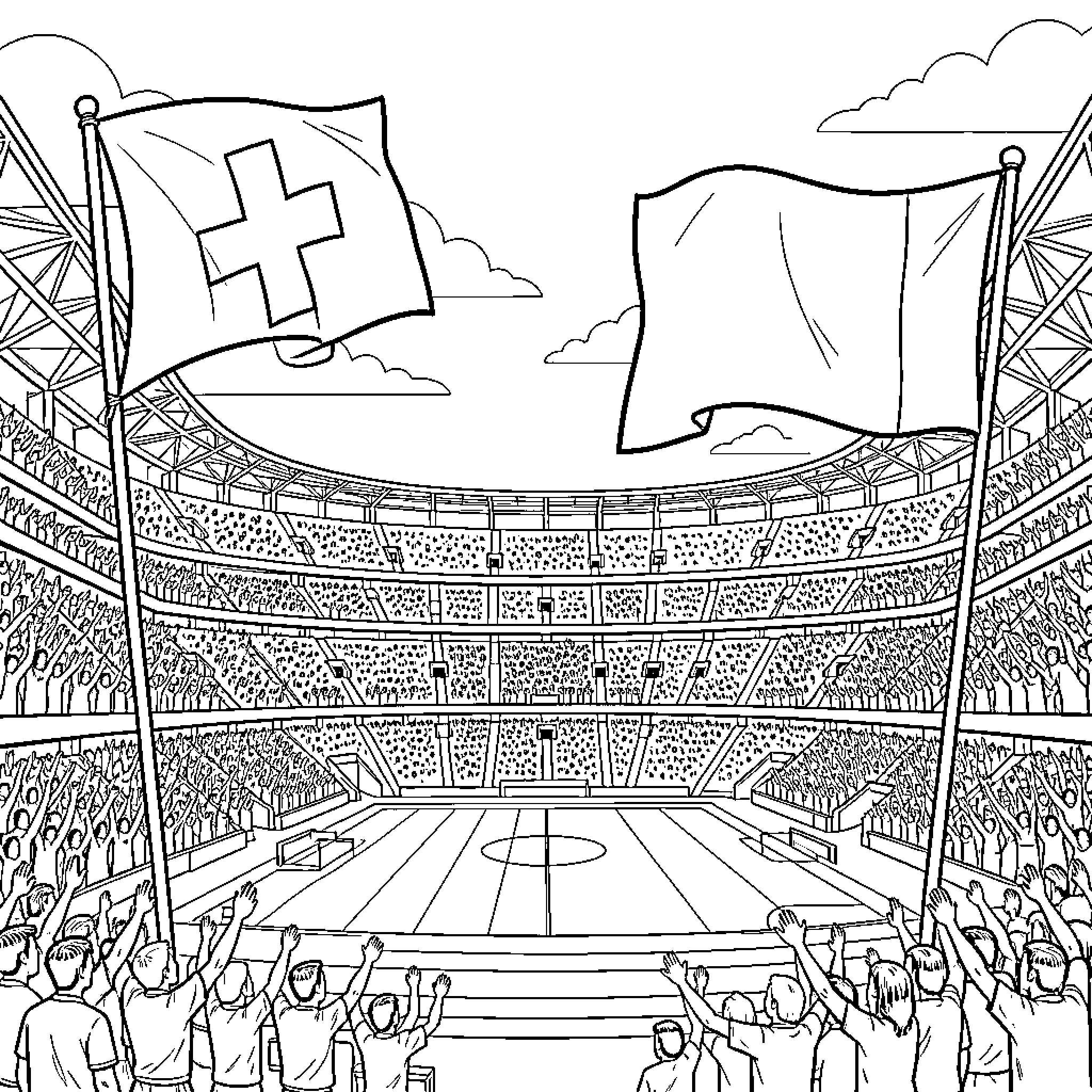 World Cup celebration with flags in a crowded stadium Coloring Page (free black-and-white line drawing printable PDF for all, from beginners to advanced learners, including children, teens, adults, and seniors)