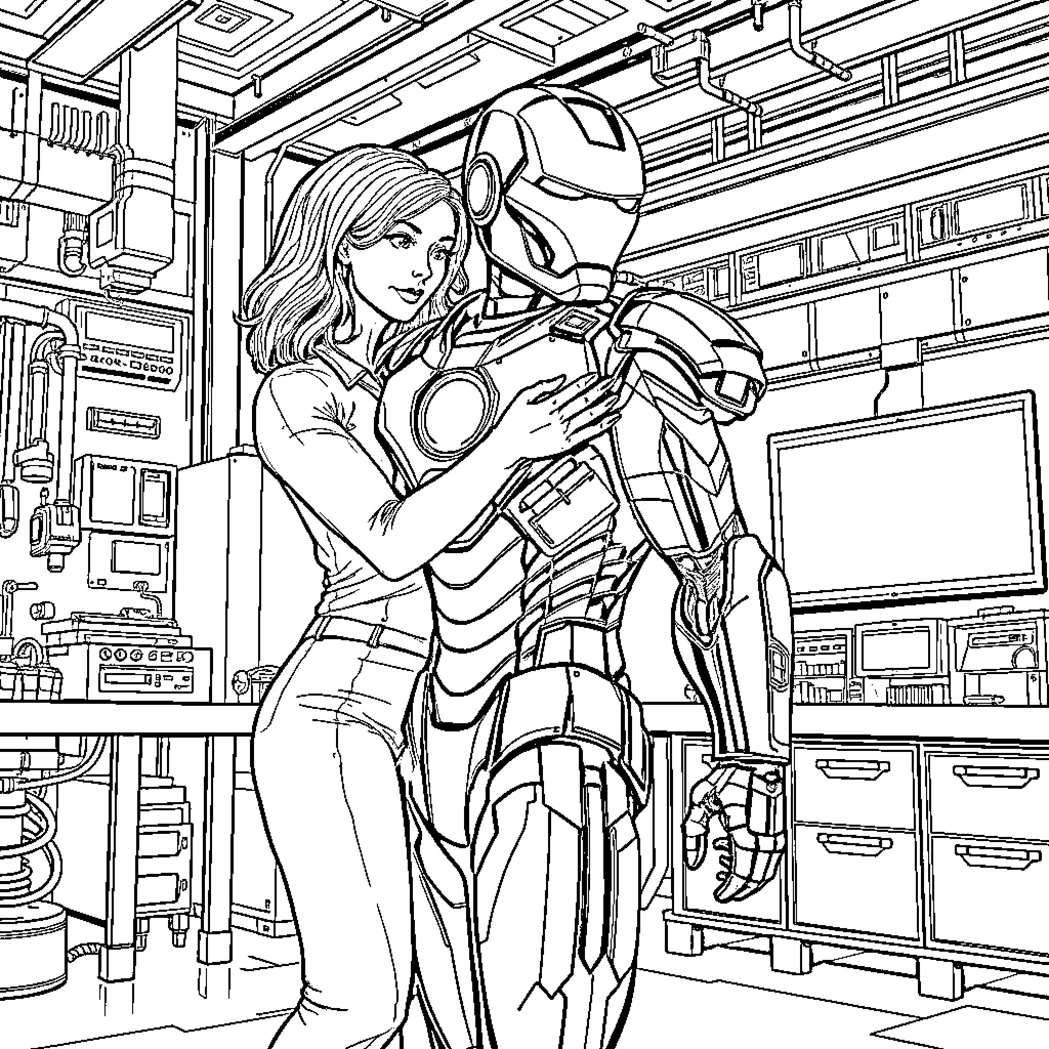 Black Widow and Iron Man's intimate embrace Coloring Page (free black-and-white line drawing printable PDF for all, from beginners to advanced learners, including children, teens, adults, and seniors)