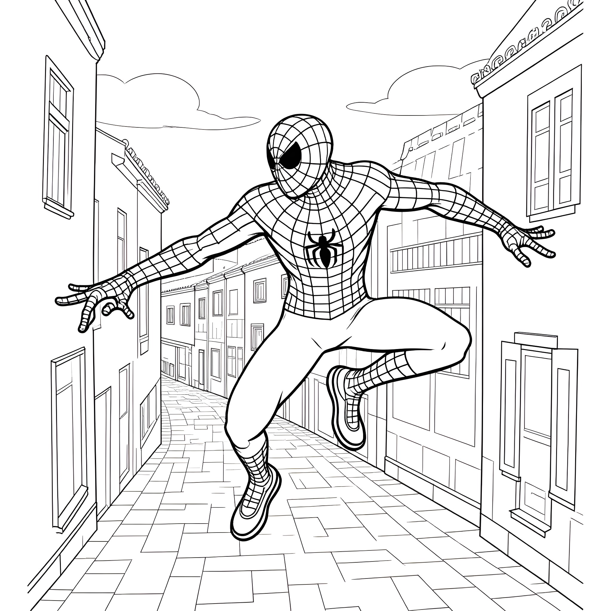 Spiderman swinging through the city Coloring Page (free black-and-white line drawing printable PDF for all, from beginners to advanced learners, including children, teens, adults, and seniors)