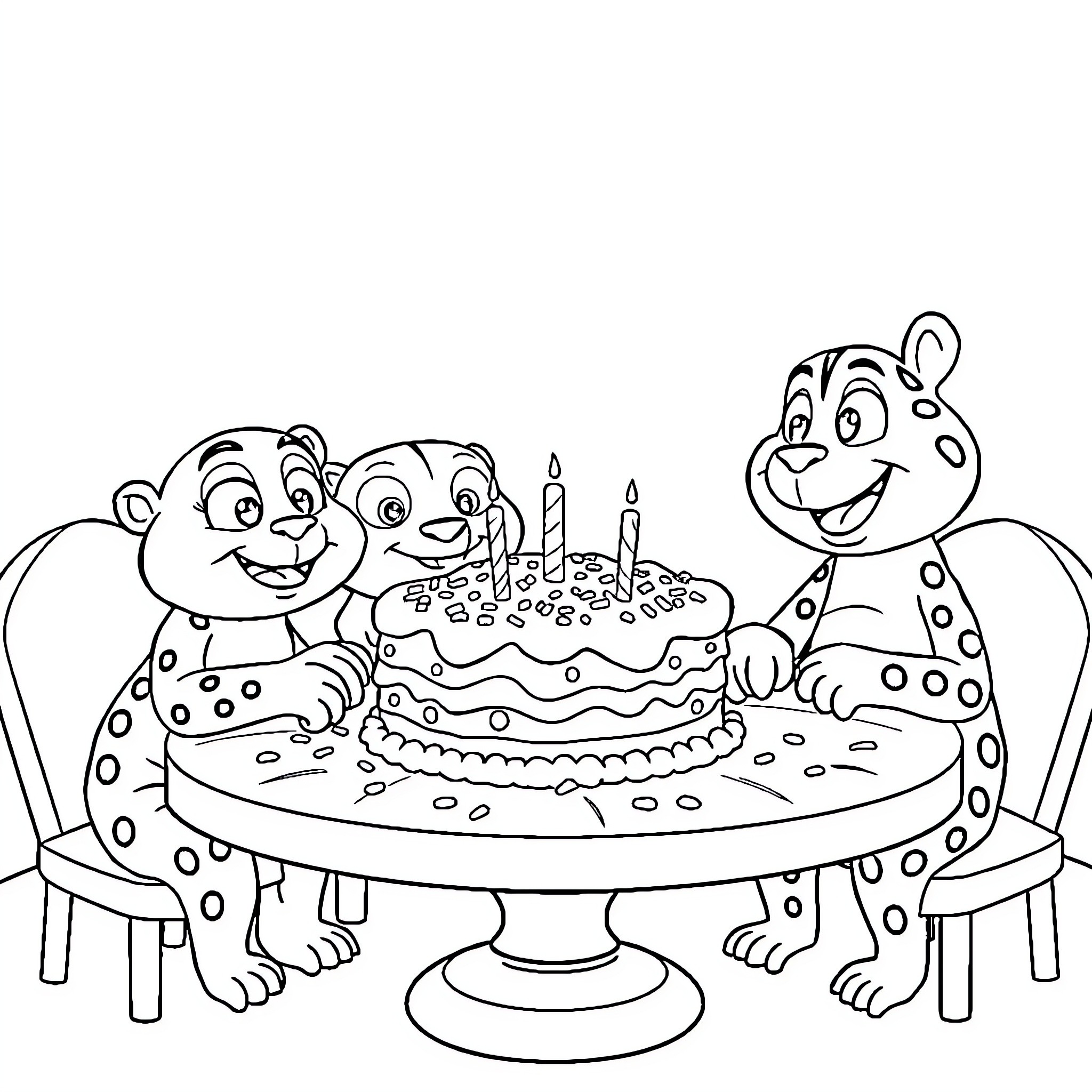 Kratts celebrating birthday with cake and friends Coloring Page (free black-and-white line drawing printable PDF for all, from beginners to advanced learners, including children, teens, adults, and seniors)