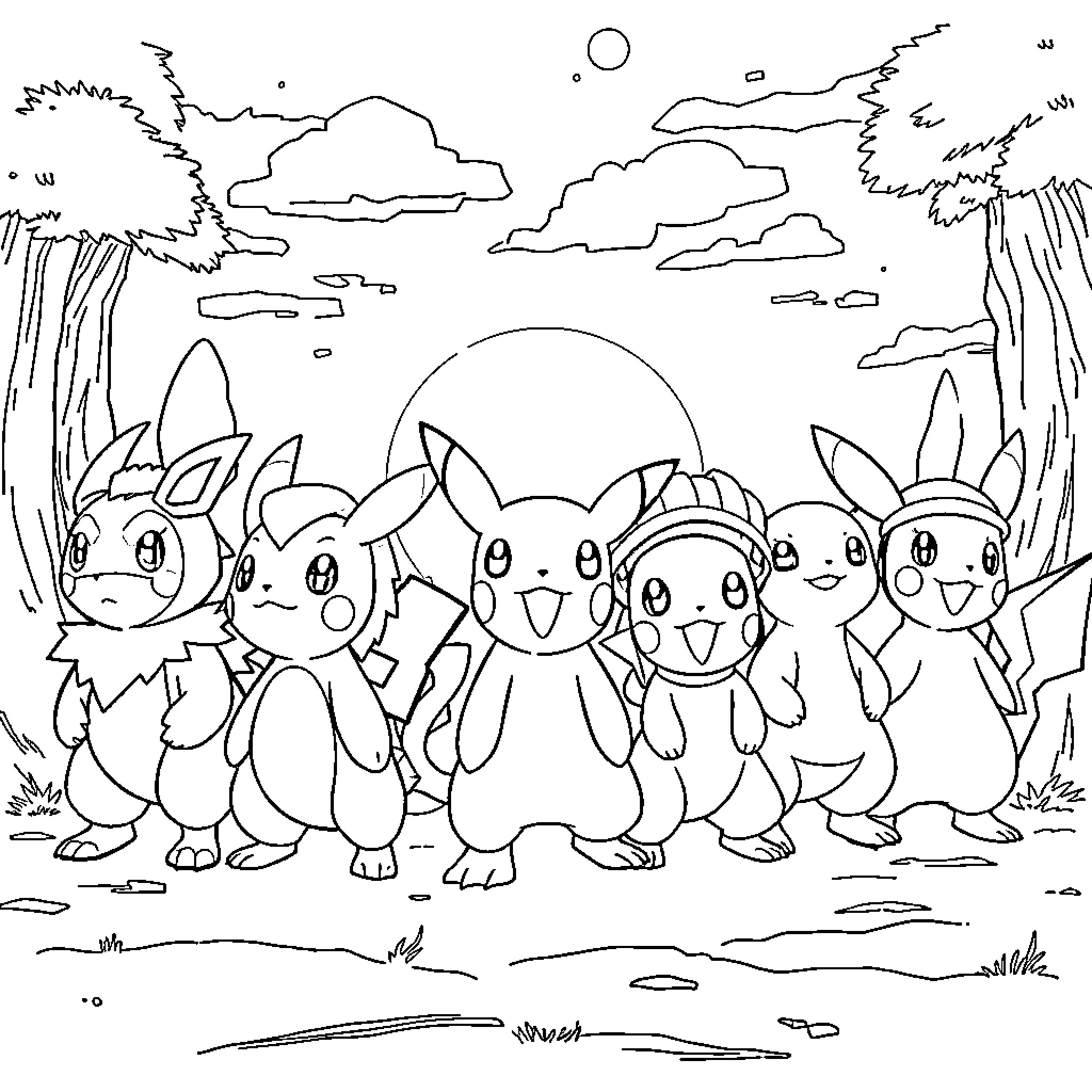 Pokémon characters gathered in a natural setting Coloring Page (free black-and-white line drawing printable PDF for all, from beginners to advanced learners, including children, teens, adults, and seniors)