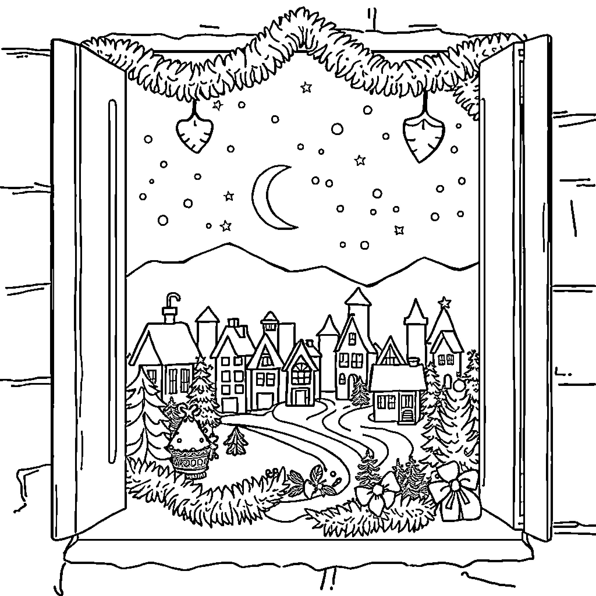 Christmas Village with Festive Decorations and Snowy Landscape Coloring Page (free black-and-white line drawing printable PDF for all, from beginners to advanced learners, including children, teens, adults, and seniors)