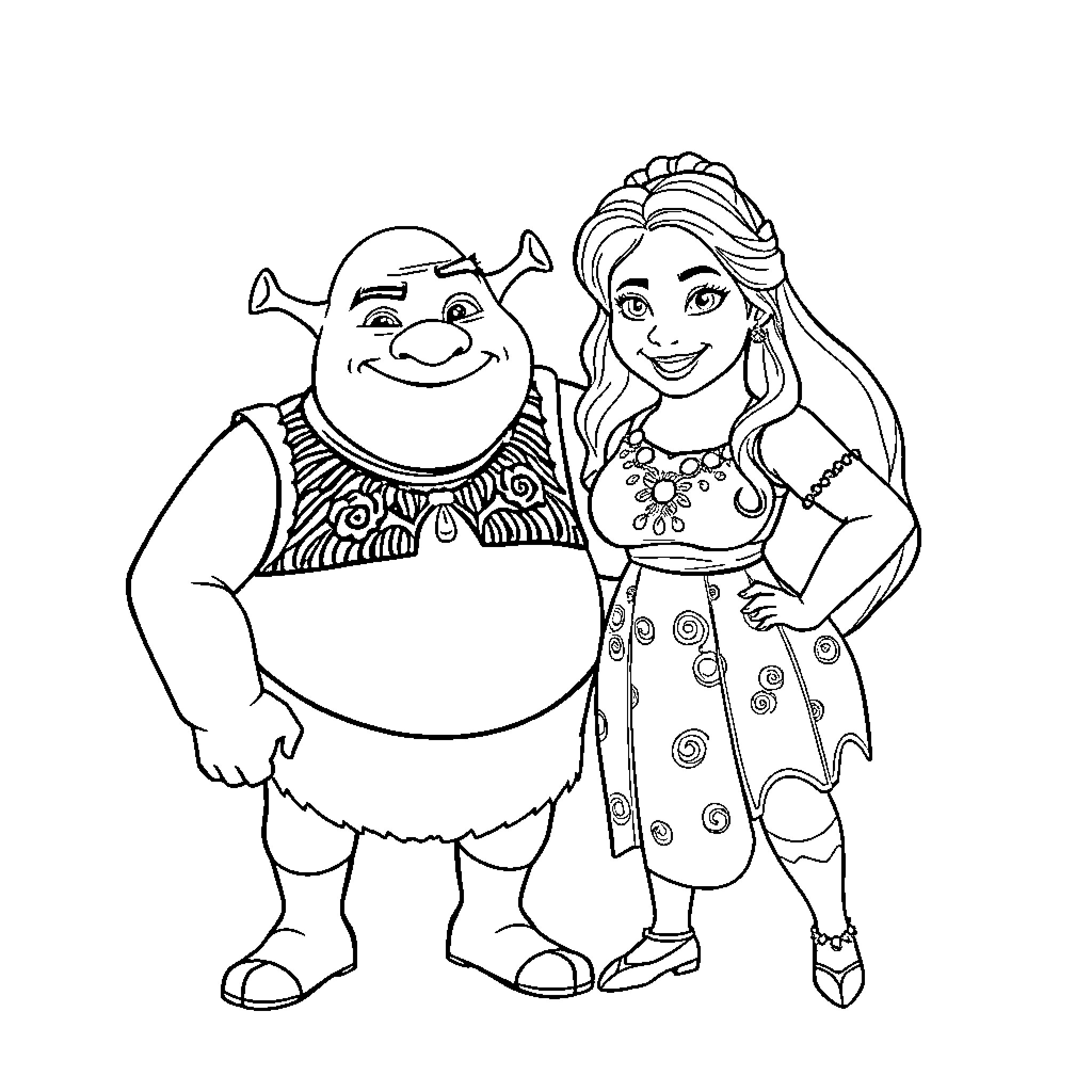 Shrek and Fiona standing together Coloring Page (free black-and-white line drawing printable PDF for all, from beginners to advanced learners, including children, teens, adults, and seniors)