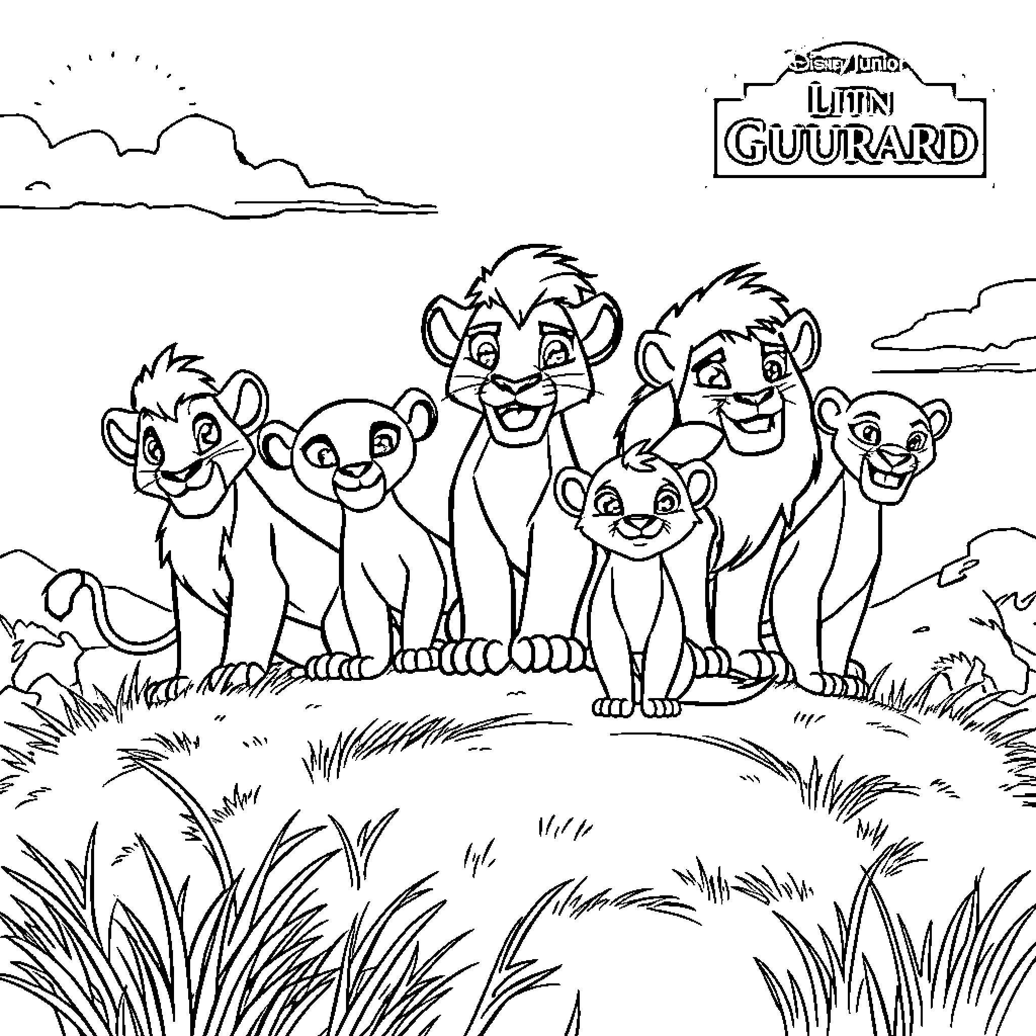 Lion Guard characters in a natural setting Coloring Page (free black-and-white line drawing printable PDF for all, from beginners to advanced learners, including children, teens, adults, and seniors)