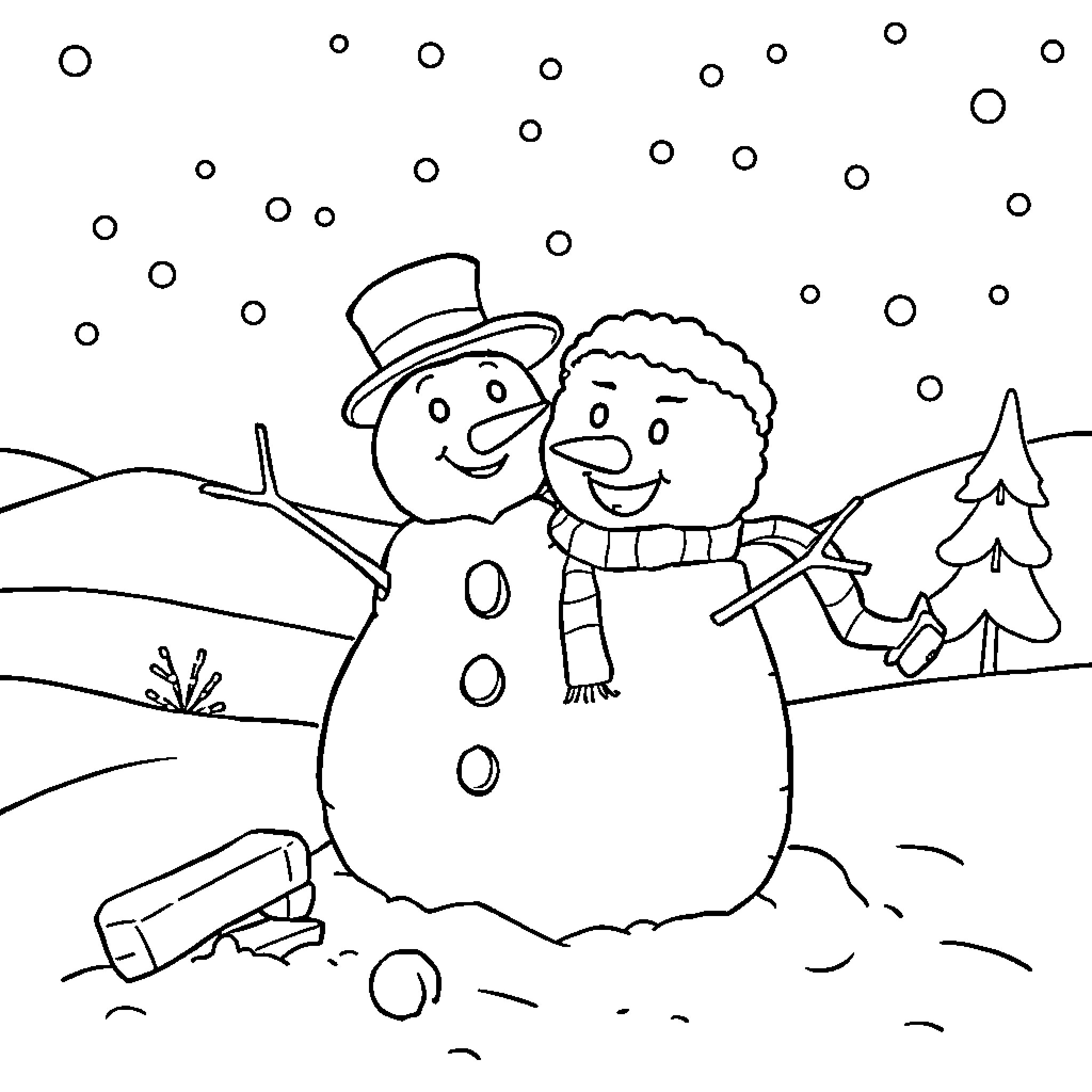 Numberblocks having fun in the winter wonderland Coloring Page (free black-and-white line drawing printable PDF for all, from beginners to advanced learners, including children, teens, adults, and seniors)