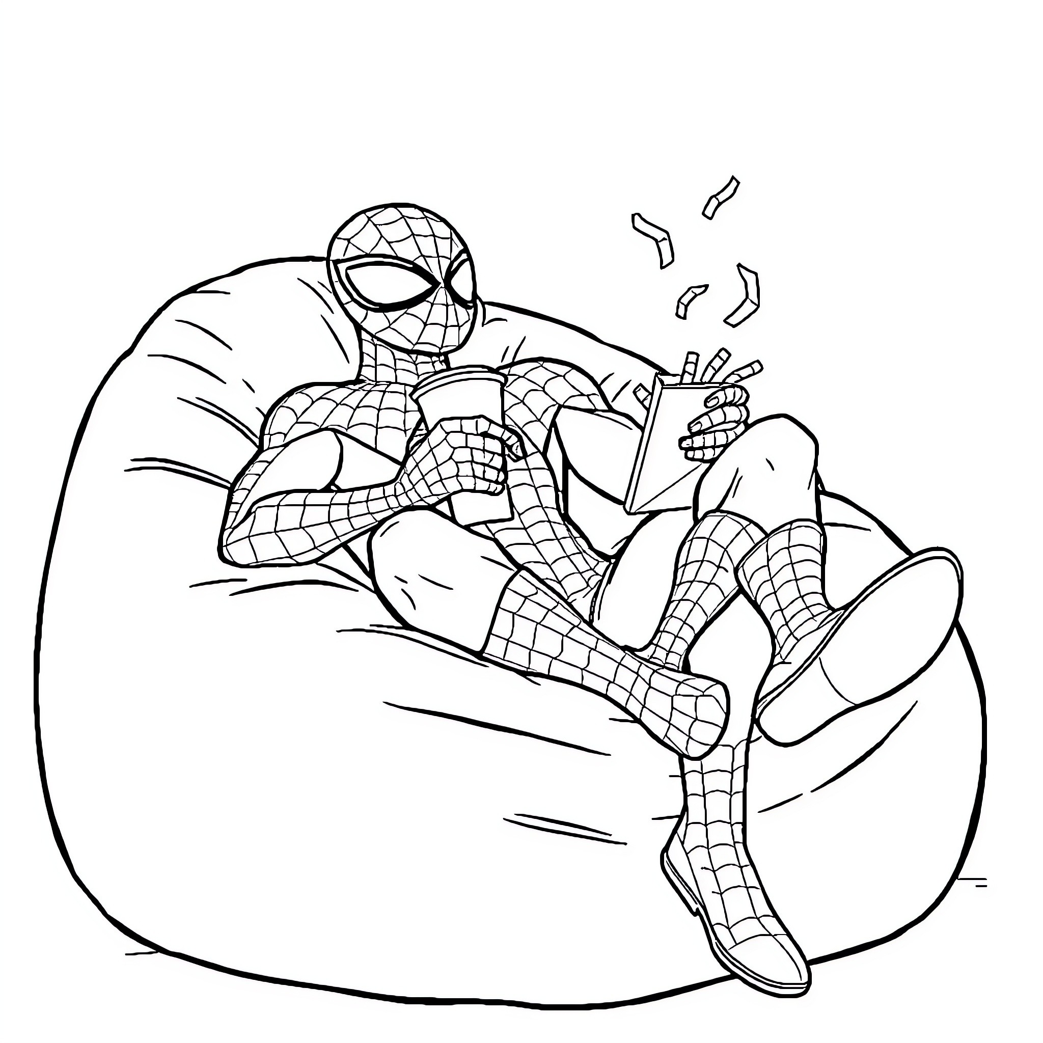 Spiderman swinging through the city on weblines Coloring Page (free black-and-white line drawing printable PDF for all, from beginners to advanced learners, including children, teens, adults, and seniors)