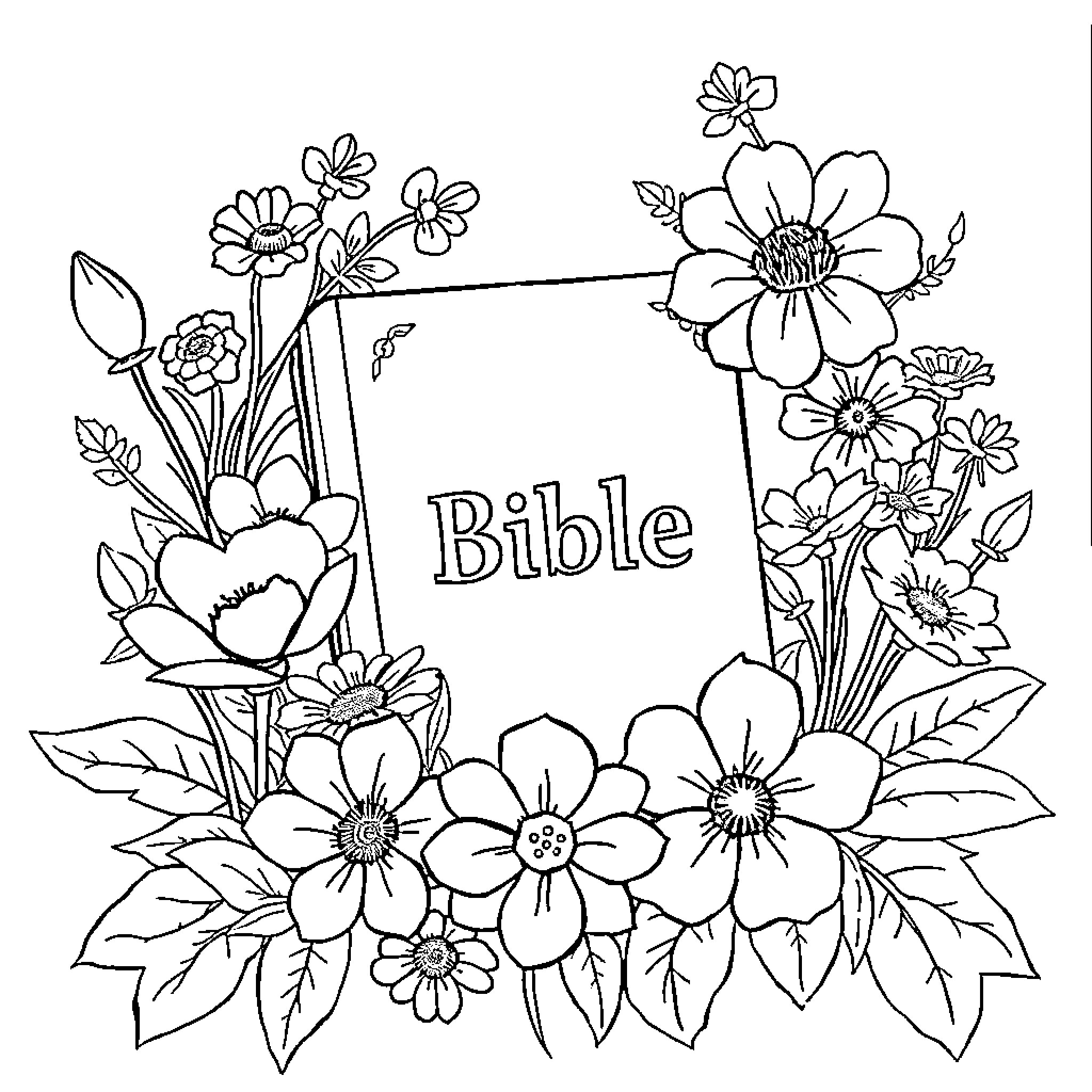 Bible surrounded by various flowers and foliage Coloring Page (free black-and-white line drawing printable PDF for all, from beginners to advanced learners, including children, teens, adults, and seniors)