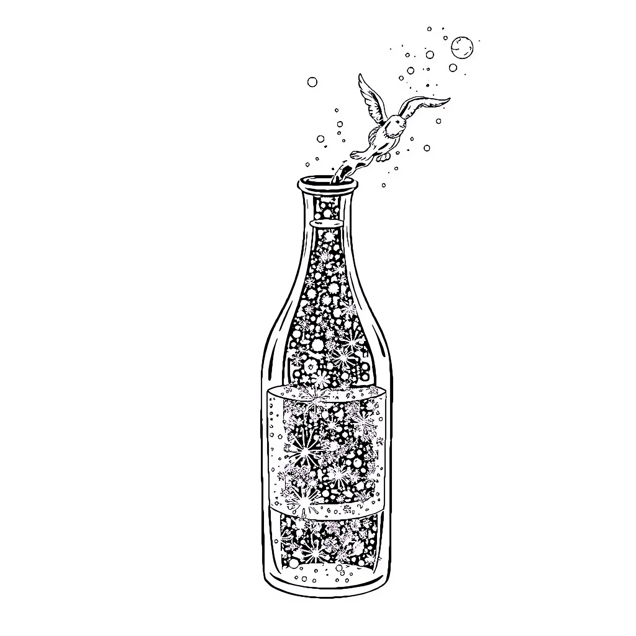 Fairy potion brewing in a glass bottle Coloring Page (free black-and-white line drawing printable PDF for all, from beginners to advanced learners, including children, teens, adults, and seniors)