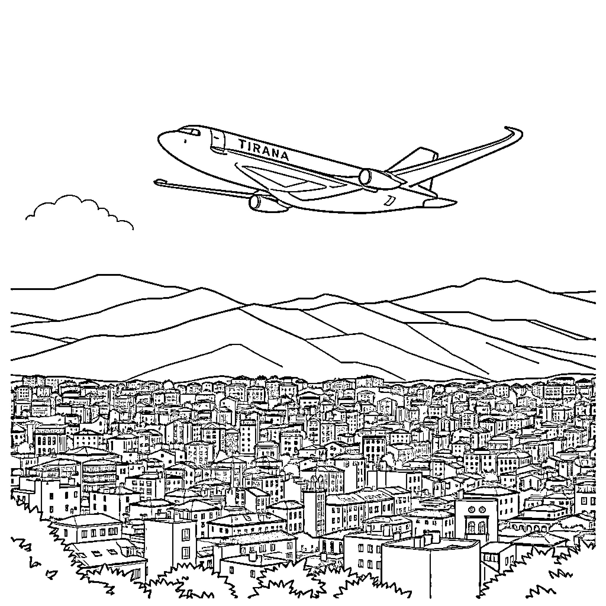 Plane flying over city skyline Coloring Page (free black-and-white line drawing printable PDF for all, from beginners to advanced learners, including children, teens, adults, and seniors)