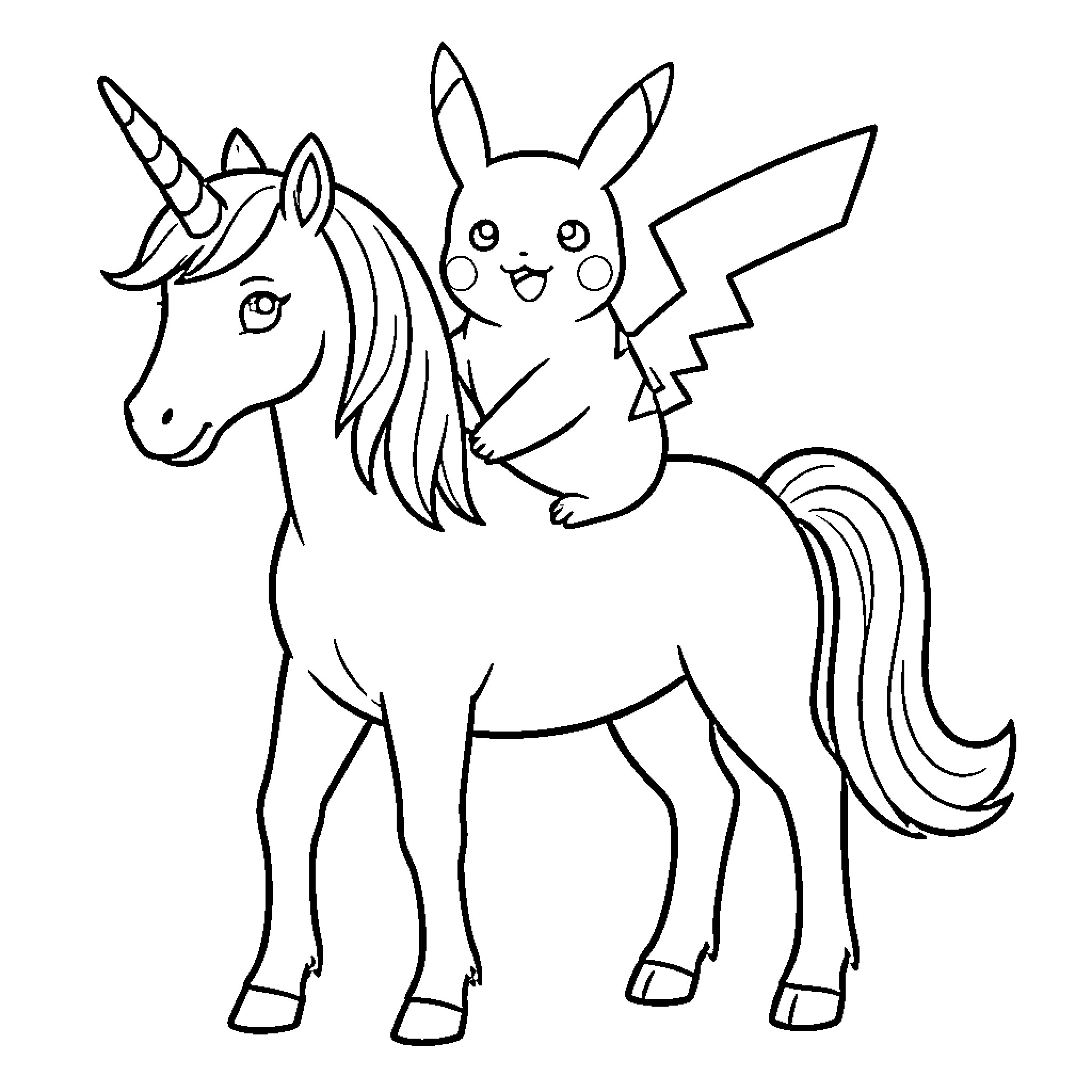 Pikachu riding happily on the back of a unicorn Coloring Page (free black-and-white line drawing printable PDF for all, from beginners to advanced learners, including children, teens, adults, and seniors)