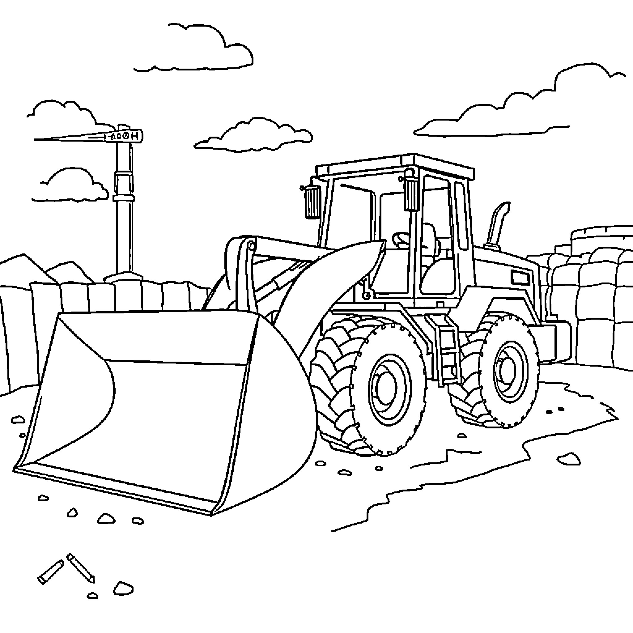Digger hard at work on construction site Coloring Page (free black-and-white line drawing printable PDF for all, from beginners to advanced learners, including children, teens, adults, and seniors)