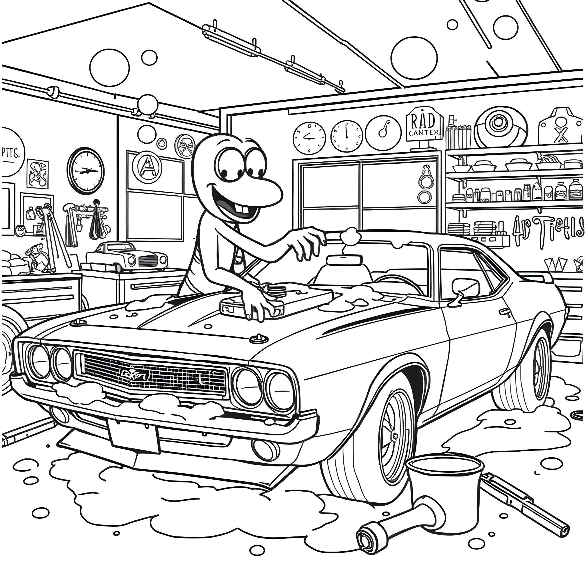 Gimp Cartoon Character Repairing Vintage Car in Workshop Coloring Page (free black-and-white line drawing printable PDF for all, from beginners to advanced learners, including children, teens, adults, and seniors)