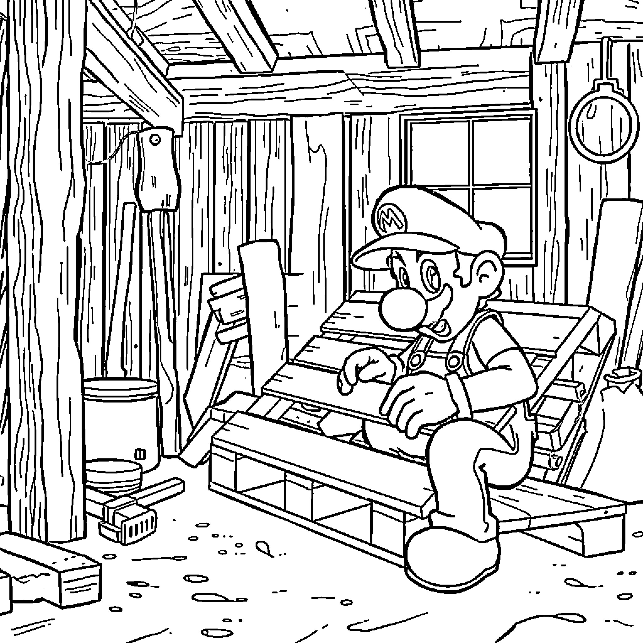 Mario resting in cozy cabin Coloring Page (free black-and-white line drawing printable PDF for all, from beginners to advanced learners, including children, teens, adults, and seniors)