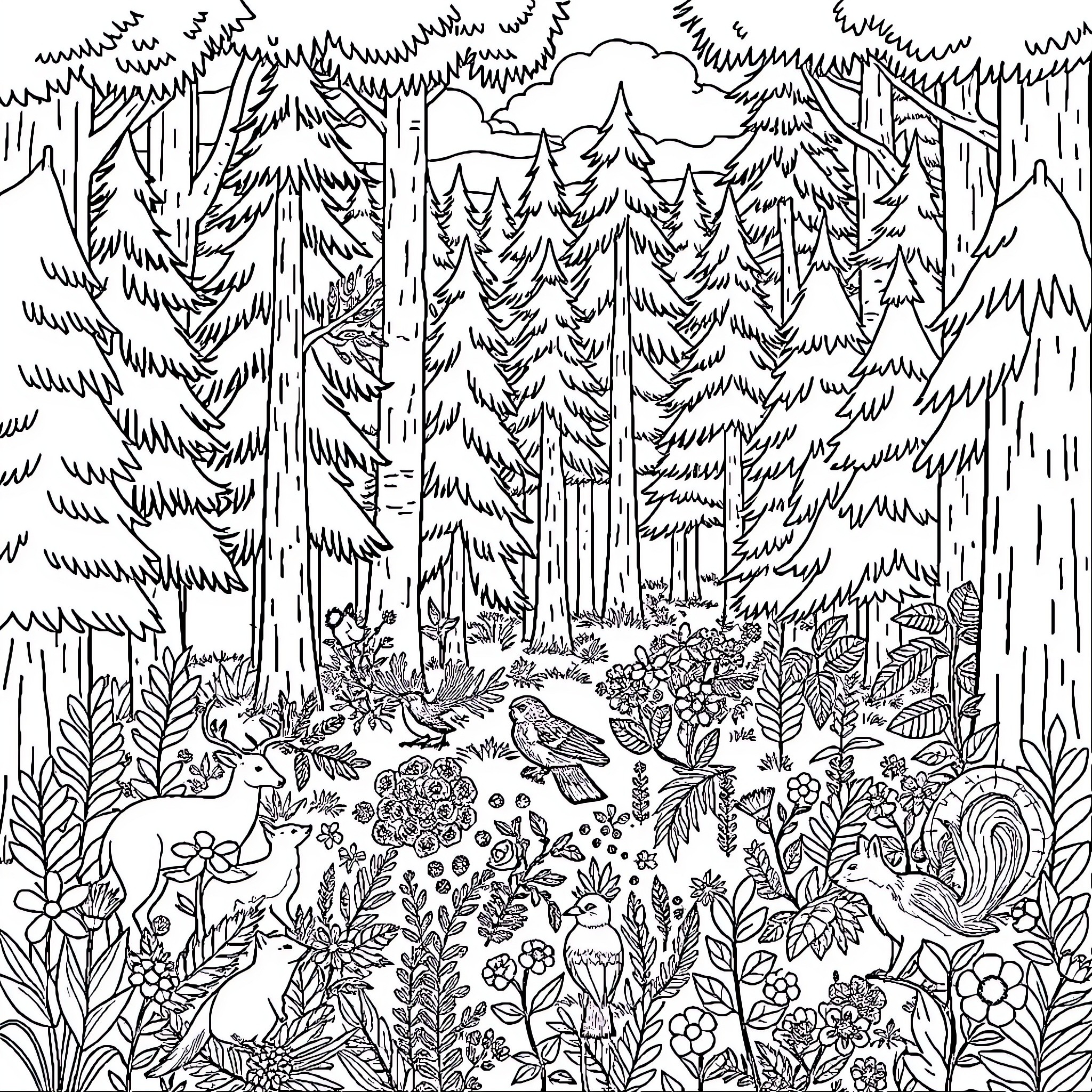 Forest scene with diverse wildlife and plants Coloring Page (free black-and-white line drawing printable PDF for all, from beginners to advanced learners, including children, teens, adults, and seniors)