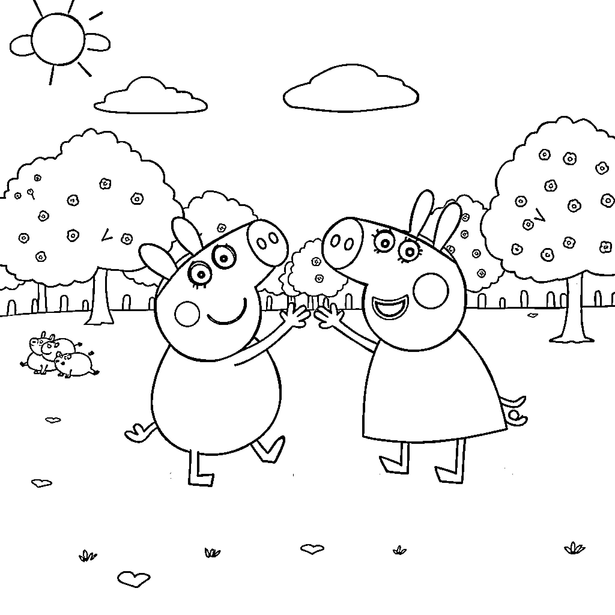Bluey and Bingo playing in the park Coloring Page (free black-and-white line drawing printable PDF for all, from beginners to advanced learners, including children, teens, adults, and seniors)