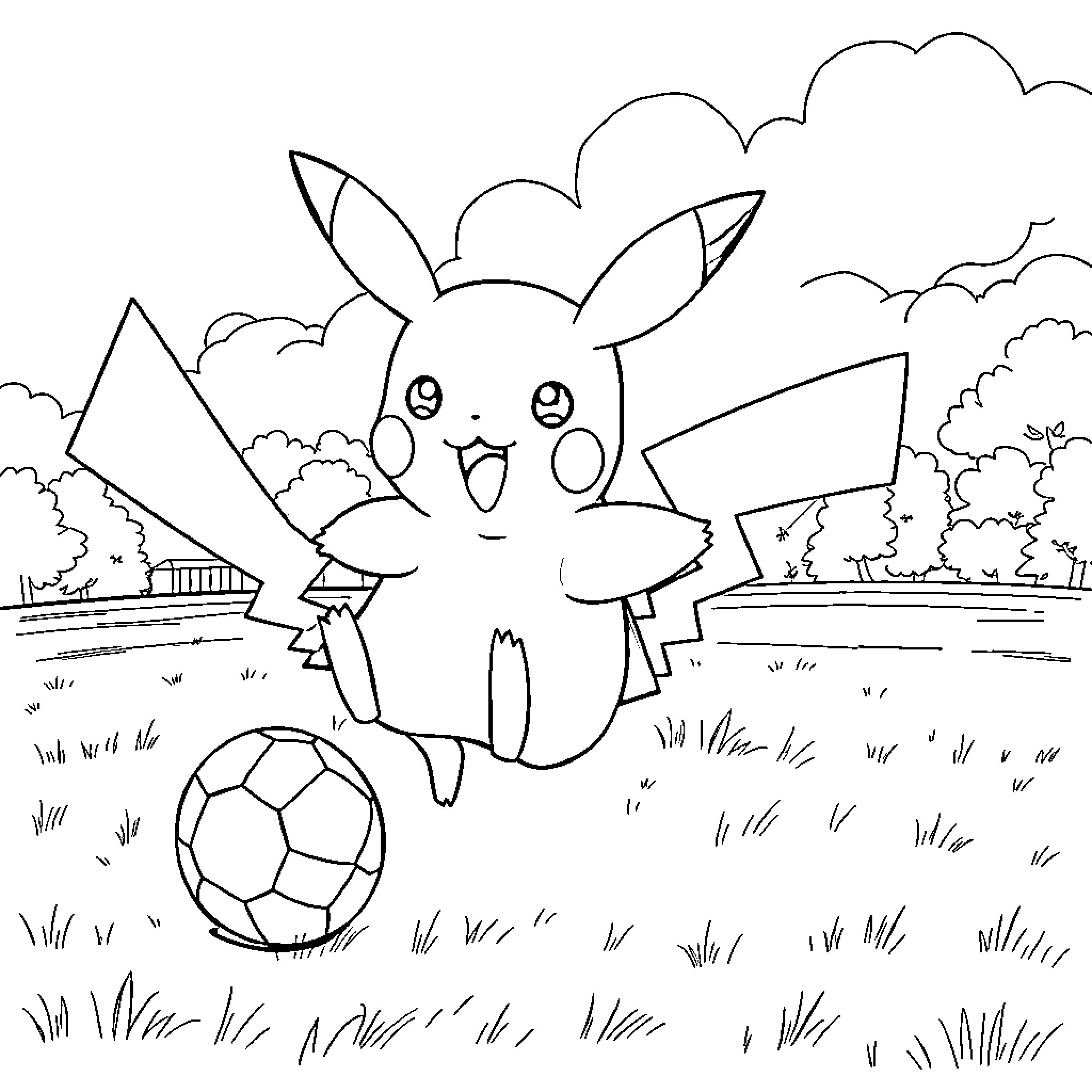 Pikachu playing happily with a soccer ball in the park Coloring Page (free black-and-white line drawing printable PDF for all, from beginners to advanced learners, including children, teens, adults, and seniors)