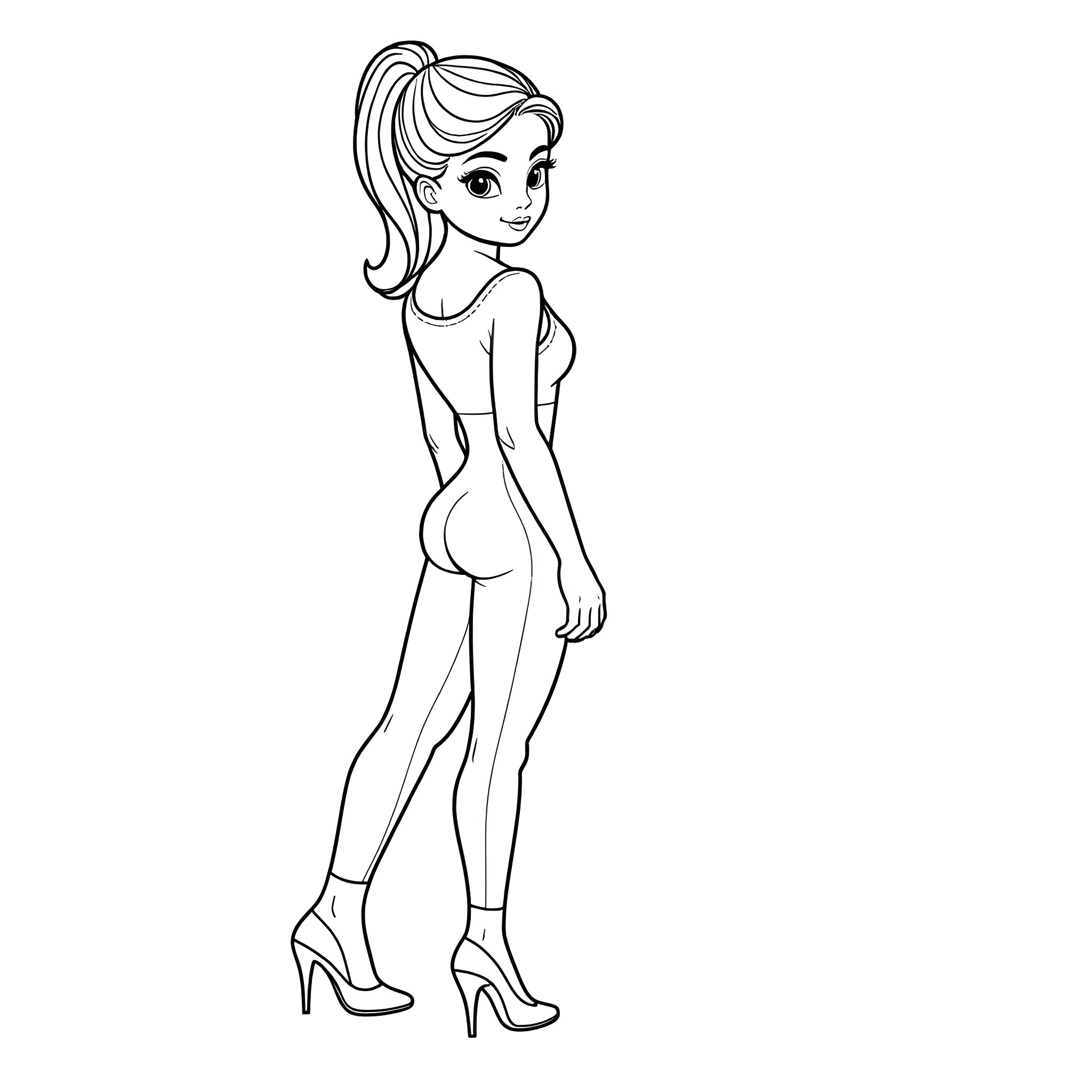 Girl in fashionable outfit posing confidently Coloring Page (free black-and-white line drawing printable PDF for all, from beginners to advanced learners, including children, teens, adults, and seniors)