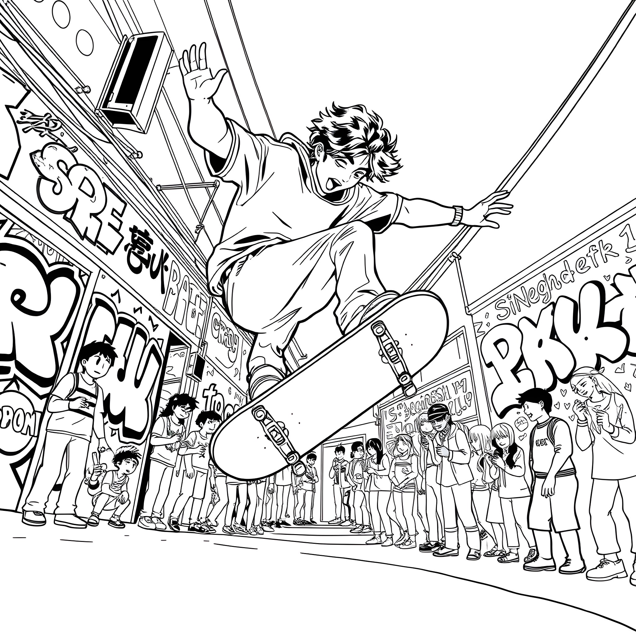 Yuji Itadori performing skateboard tricks in a lively urban setting Coloring Page (free black-and-white line drawing printable PDF for all, from beginners to advanced learners, including children, teens, adults, and seniors)