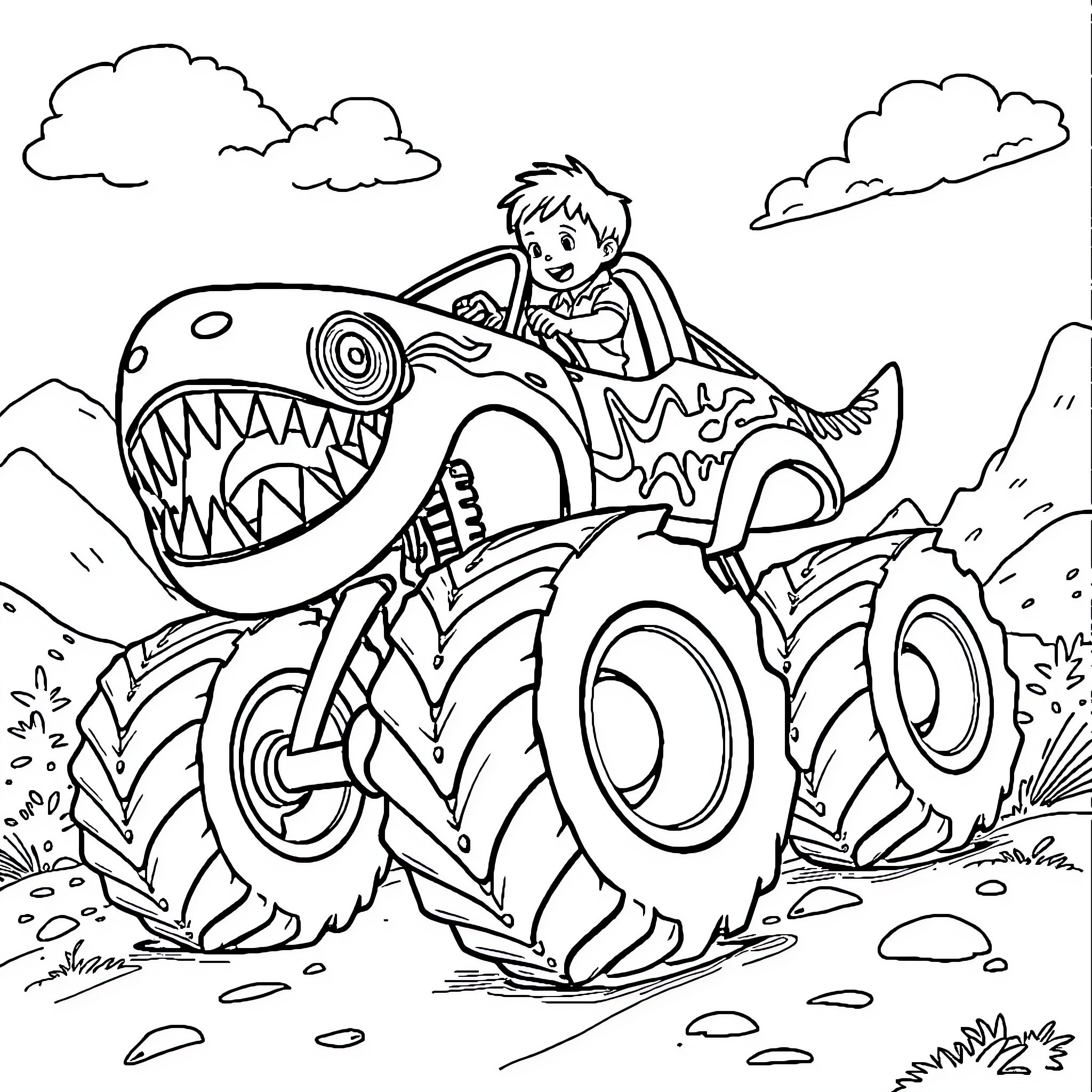 Megalodon Monster Truck Crushing Obstacles with Glee Coloring Page (free black-and-white line drawing printable PDF for all, from beginners to advanced learners, including children, teens, adults, and seniors)