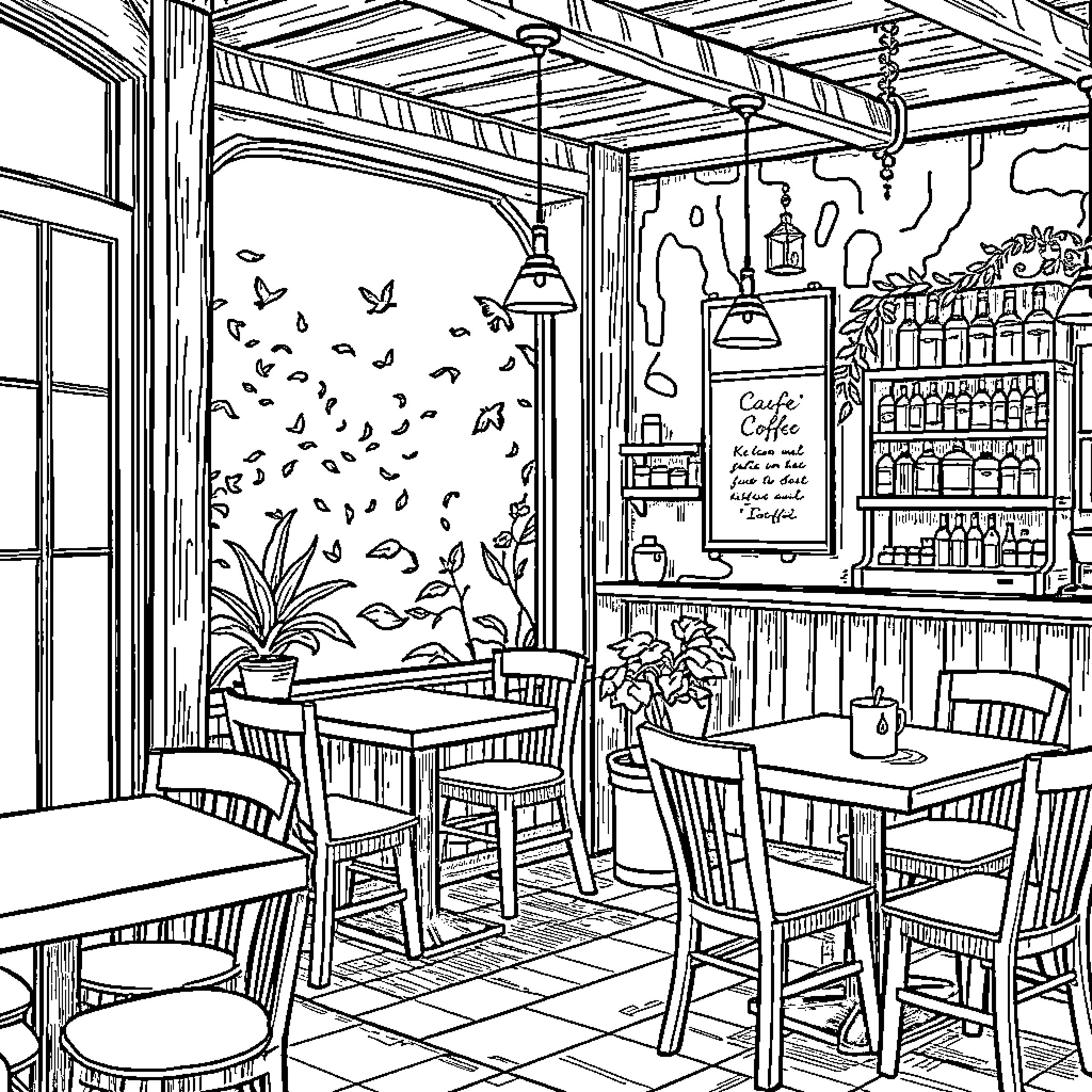 Cafe with Cozy Atmosphere and Unique Decor Coloring Page (free black-and-white line drawing printable PDF for all, from beginners to advanced learners, including children, teens, adults, and seniors)
