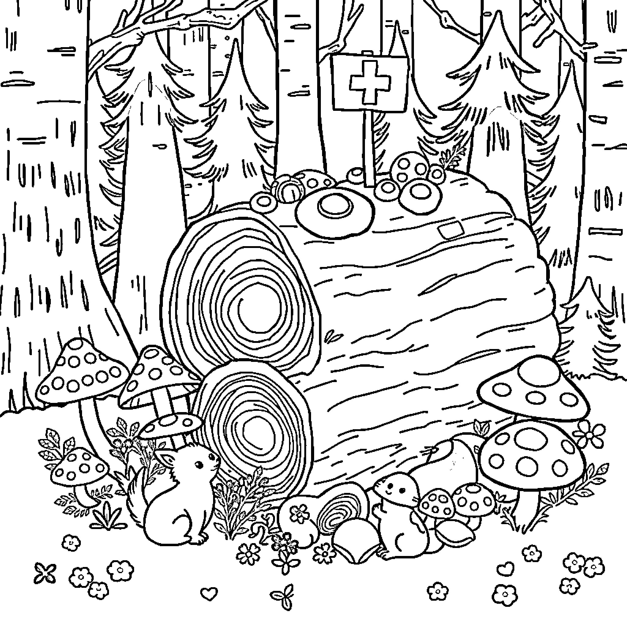 Nurse Log with Forest Creatures Coloring Page (free black-and-white line drawing printable PDF for all, from beginners to advanced learners, including children, teens, adults, and seniors)