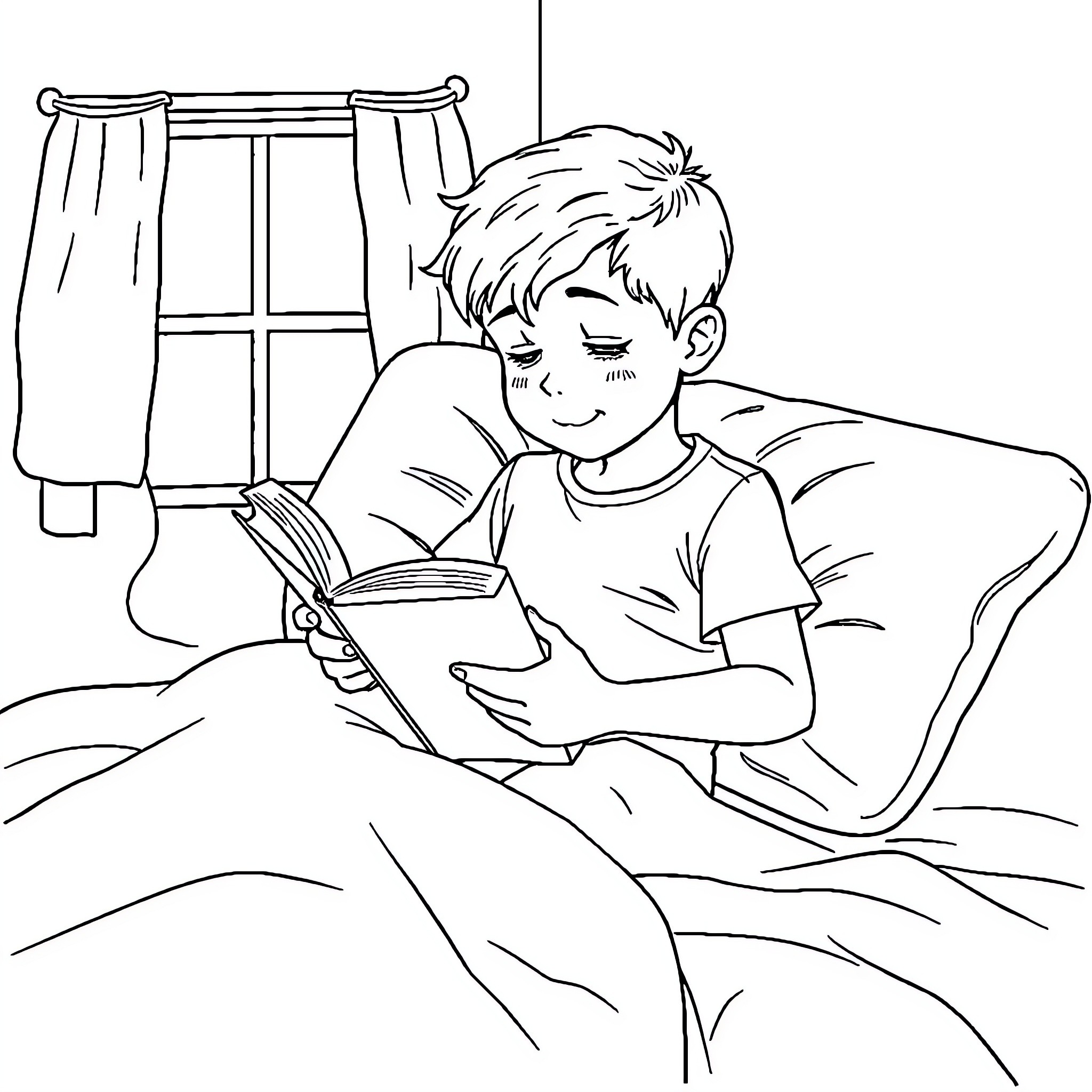 Boy reading book on bed Coloring Page (free black-and-white line drawing printable PDF for all, from beginners to advanced learners, including children, teens, adults, and seniors)