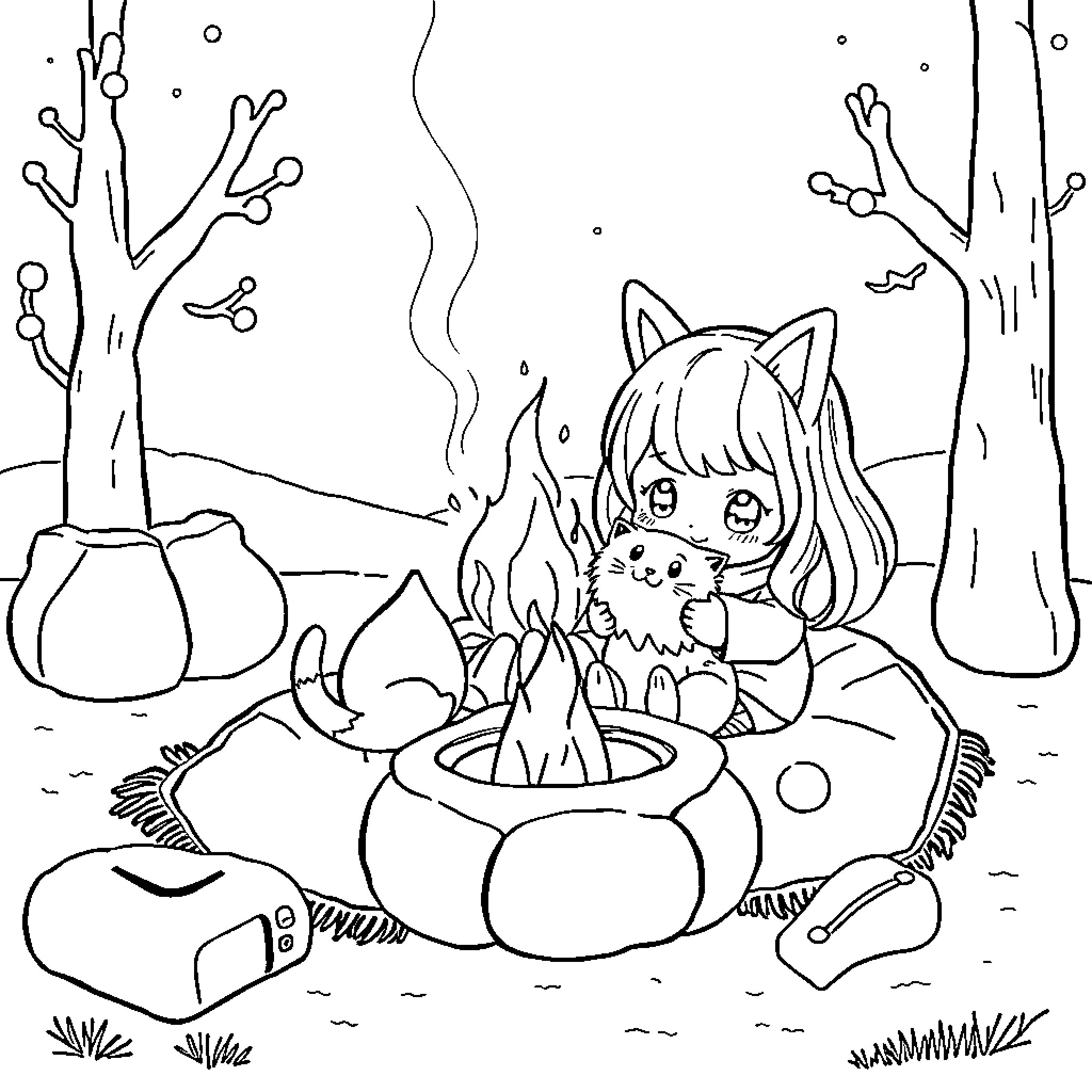 Kawaii Girl and Kitten Enjoying Campfire in the Forest Coloring Page (free black-and-white line drawing printable PDF for all, from beginners to advanced learners, including children, teens, adults, and seniors)
