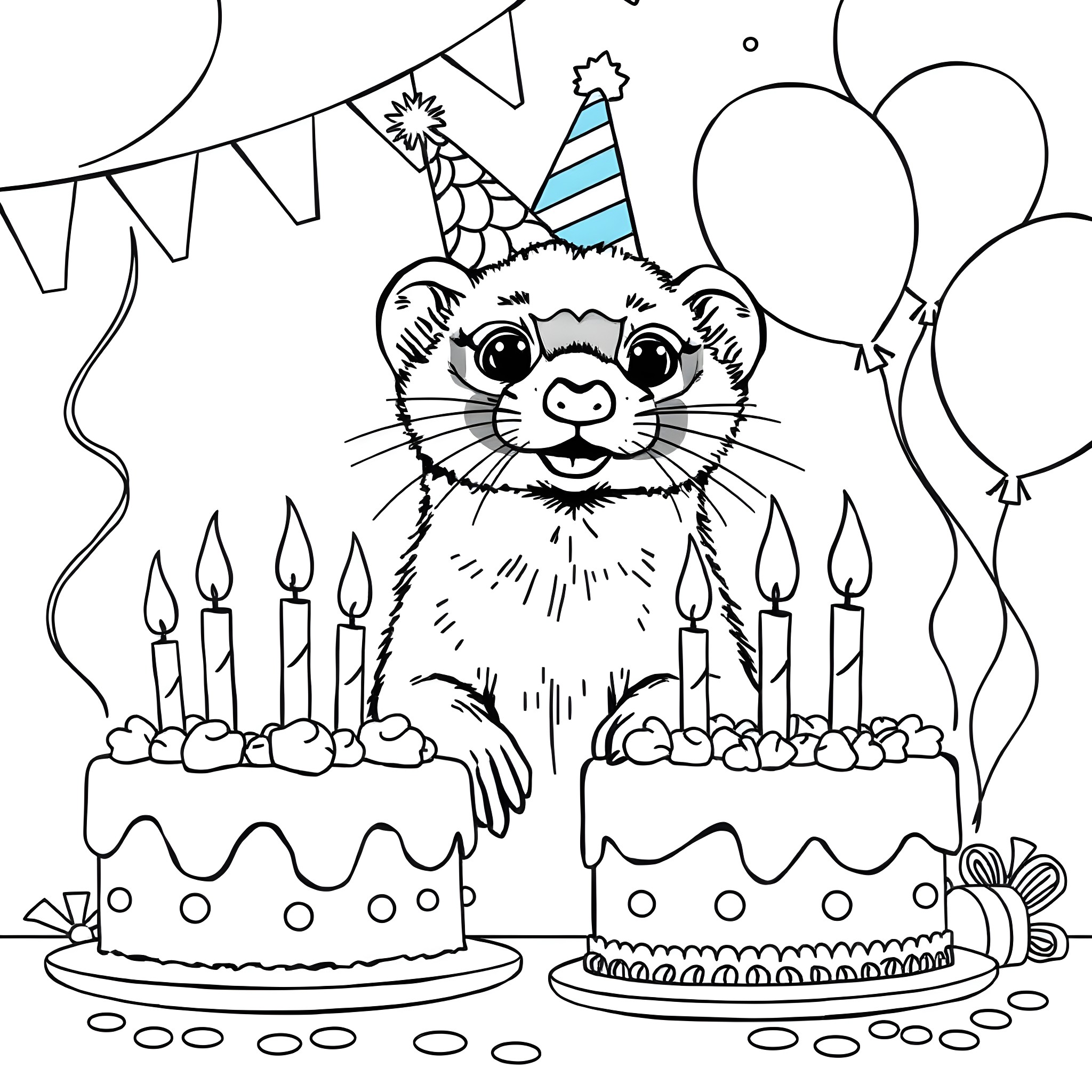 Ferret Celebrating Birthday with Cake and Balloons Coloring Page (free black-and-white line drawing printable PDF for all, from beginners to advanced learners, including children, teens, adults, and seniors)