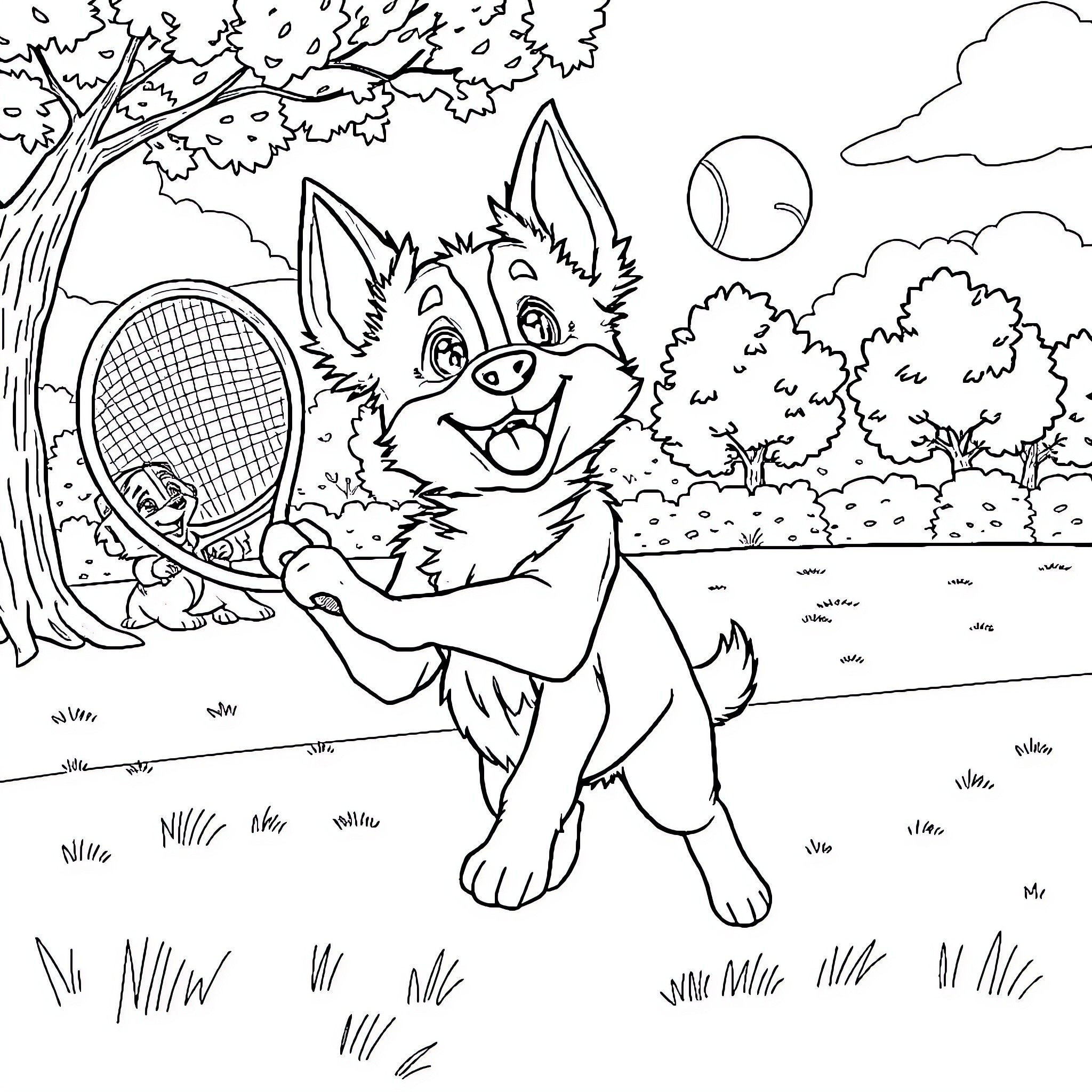 Bluey playing with tennis racket in park Coloring Page (free black-and-white line drawing printable PDF for all, from beginners to advanced learners, including children, teens, adults, and seniors)