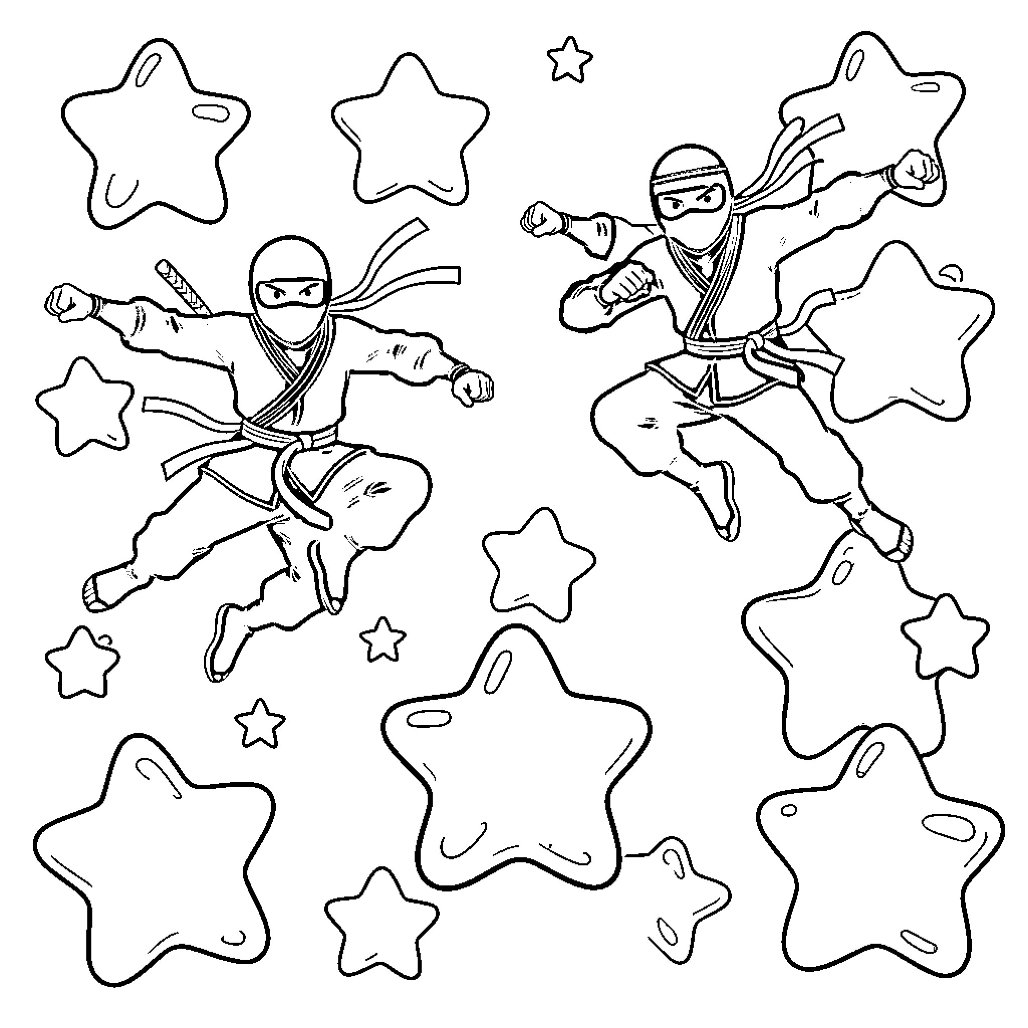 Ninja warriors displaying acrobatic skills amidst stars Coloring Page (free black-and-white line drawing printable PDF for all, from beginners to advanced learners, including children, teens, adults, and seniors)