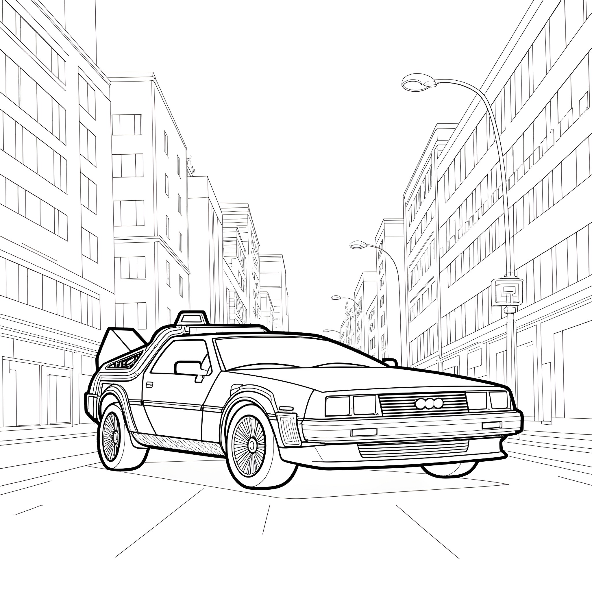Car driving through the city street Coloring Page (free black-and-white line drawing printable PDF for all, from beginners to advanced learners, including children, teens, adults, and seniors)