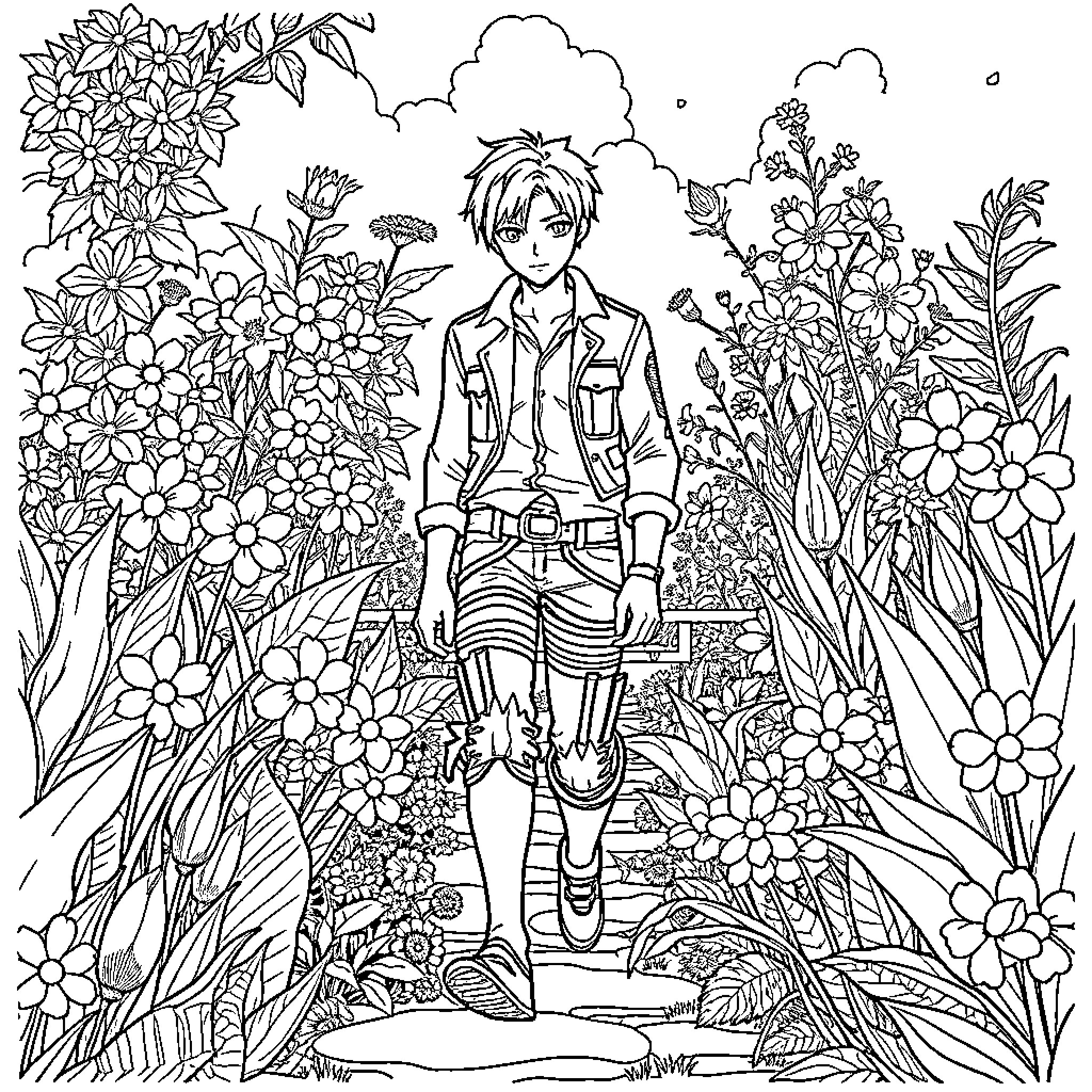 Levi Ackerman walking through a lush floral landscape Coloring Page (free black-and-white line drawing printable PDF for all, from beginners to advanced learners, including children, teens, adults, and seniors)