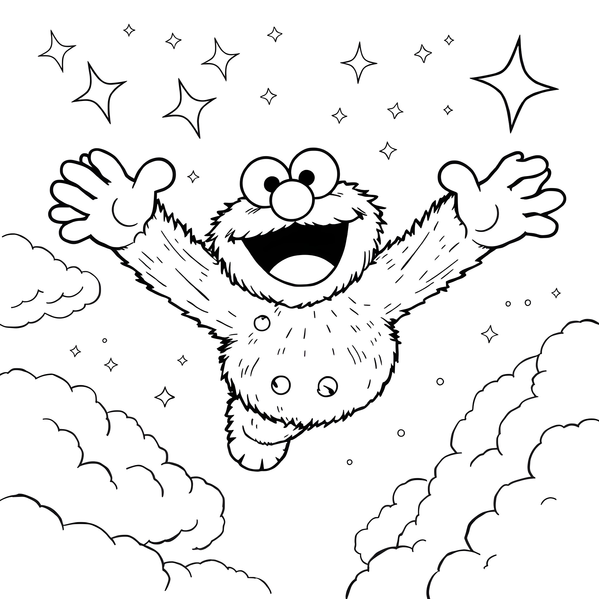 Cookie Monster flying joyfully through the clouds Coloring Page (free black-and-white line drawing printable PDF for all, from beginners to advanced learners, including children, teens, adults, and seniors)