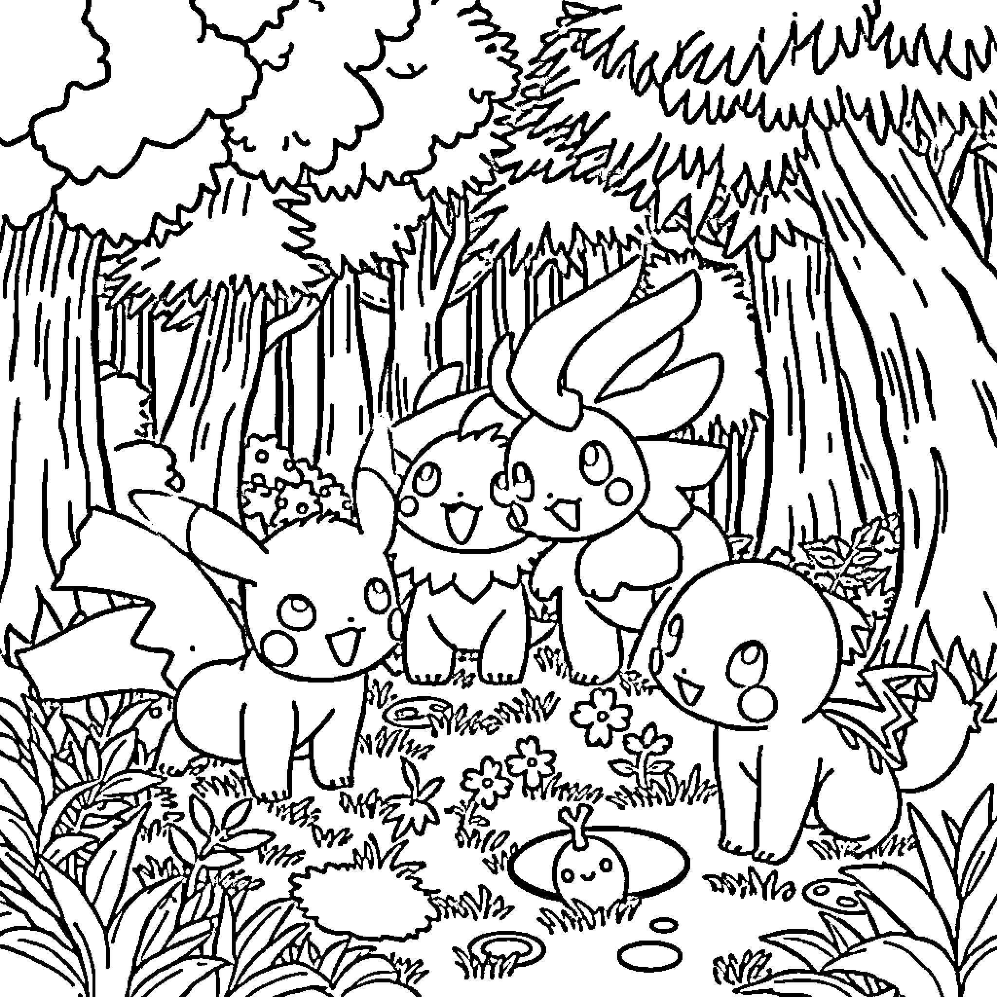 Pokémon creatures exploring the forest Coloring Page (free black-and-white line drawing printable PDF for all, from beginners to advanced learners, including children, teens, adults, and seniors)