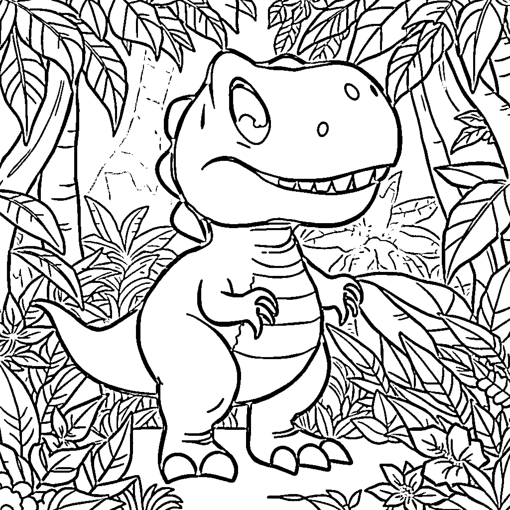 T-Rex playing happily in the jungle Coloring Page (free black-and-white line drawing printable PDF for all, from beginners to advanced learners, including children, teens, adults, and seniors)