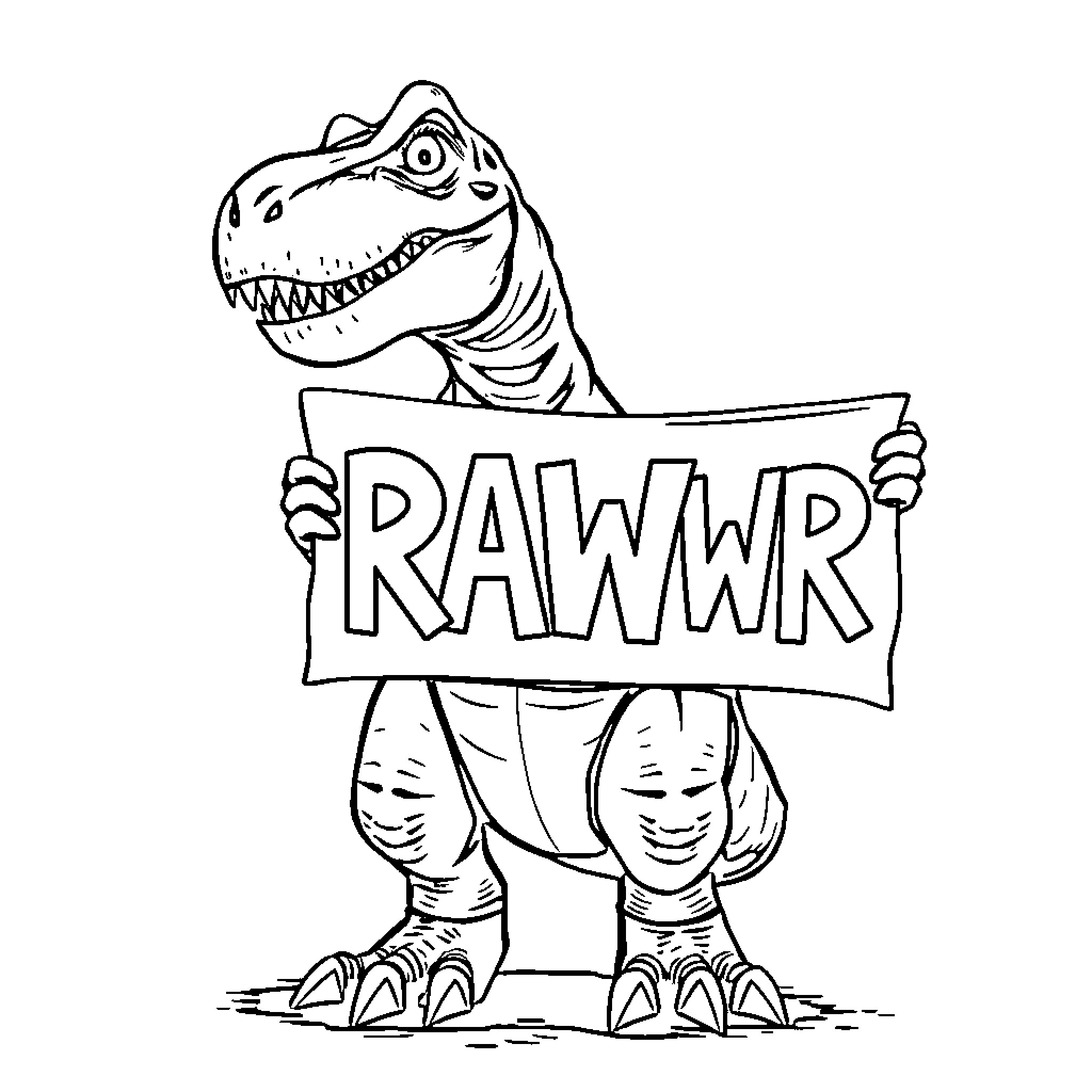 T-Rex roaring and holding a 'RAWWR' sign Coloring Page (free black-and-white line drawing printable PDF for all, from beginners to advanced learners, including children, teens, adults, and seniors)