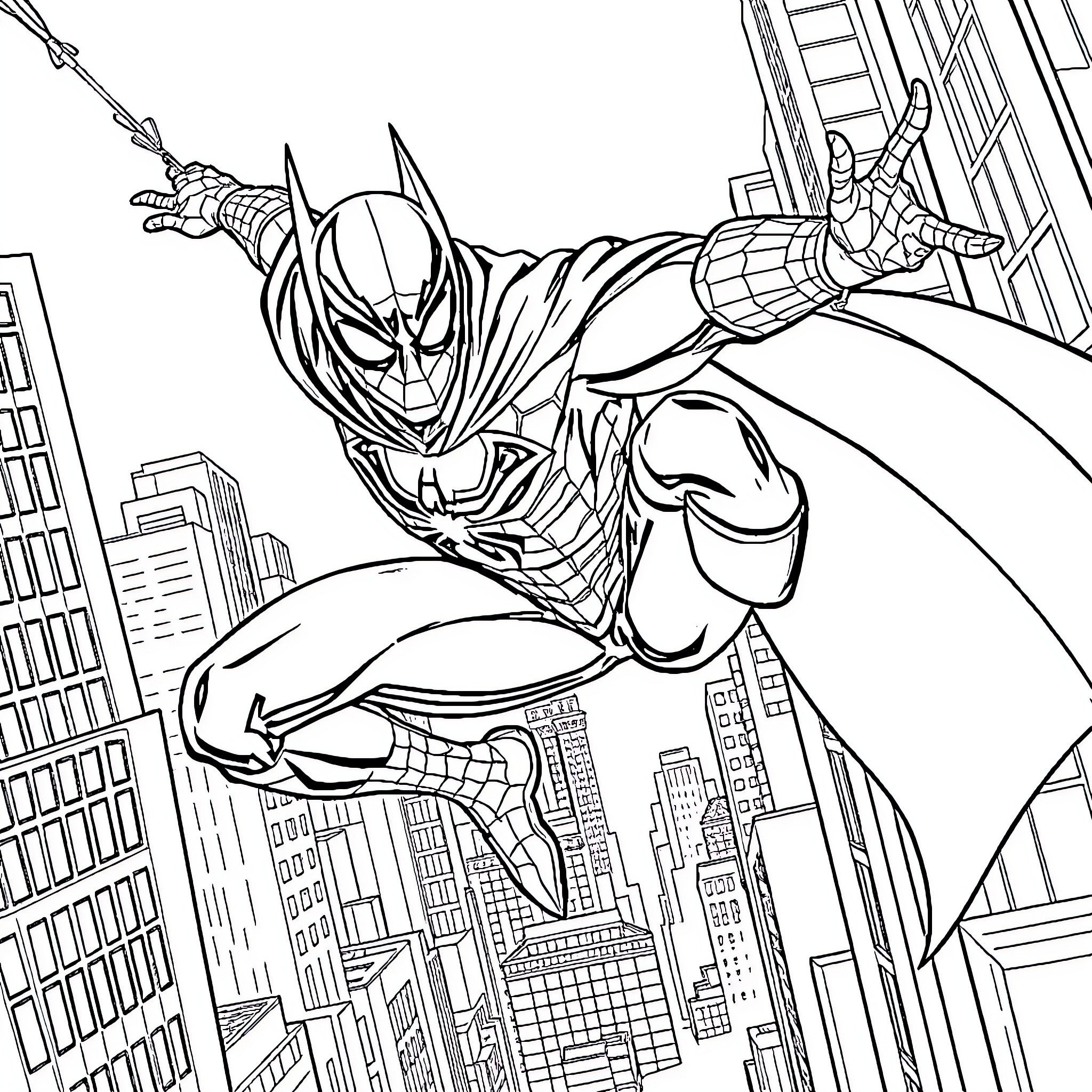 Spider-Bat swinging through the city skyline Coloring Page (free black-and-white line drawing printable PDF for all, from beginners to advanced learners, including children, teens, adults, and seniors)