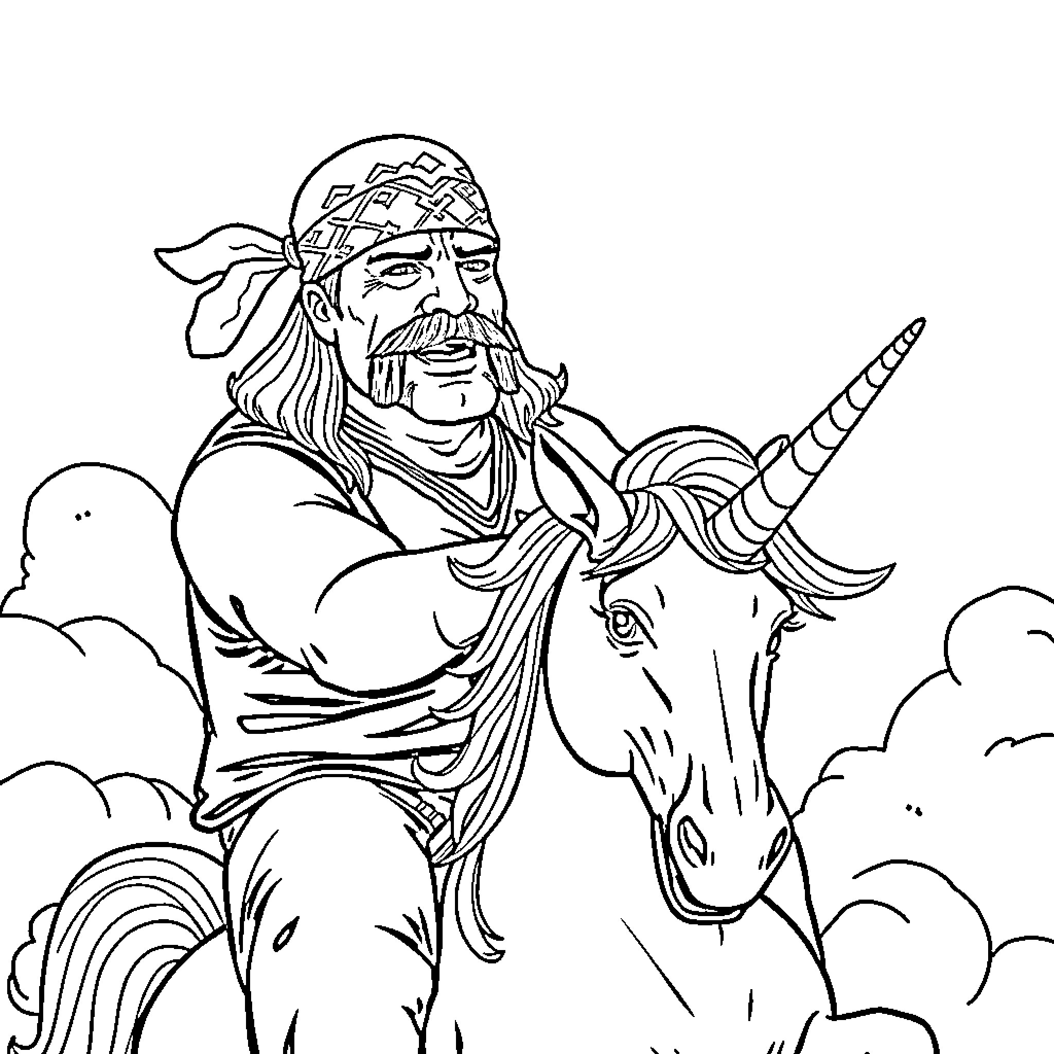Hulk Hogan riding a unicorn in the clouds Coloring Page (free black-and-white line drawing printable PDF for all, from beginners to advanced learners, including children, teens, adults, and seniors)