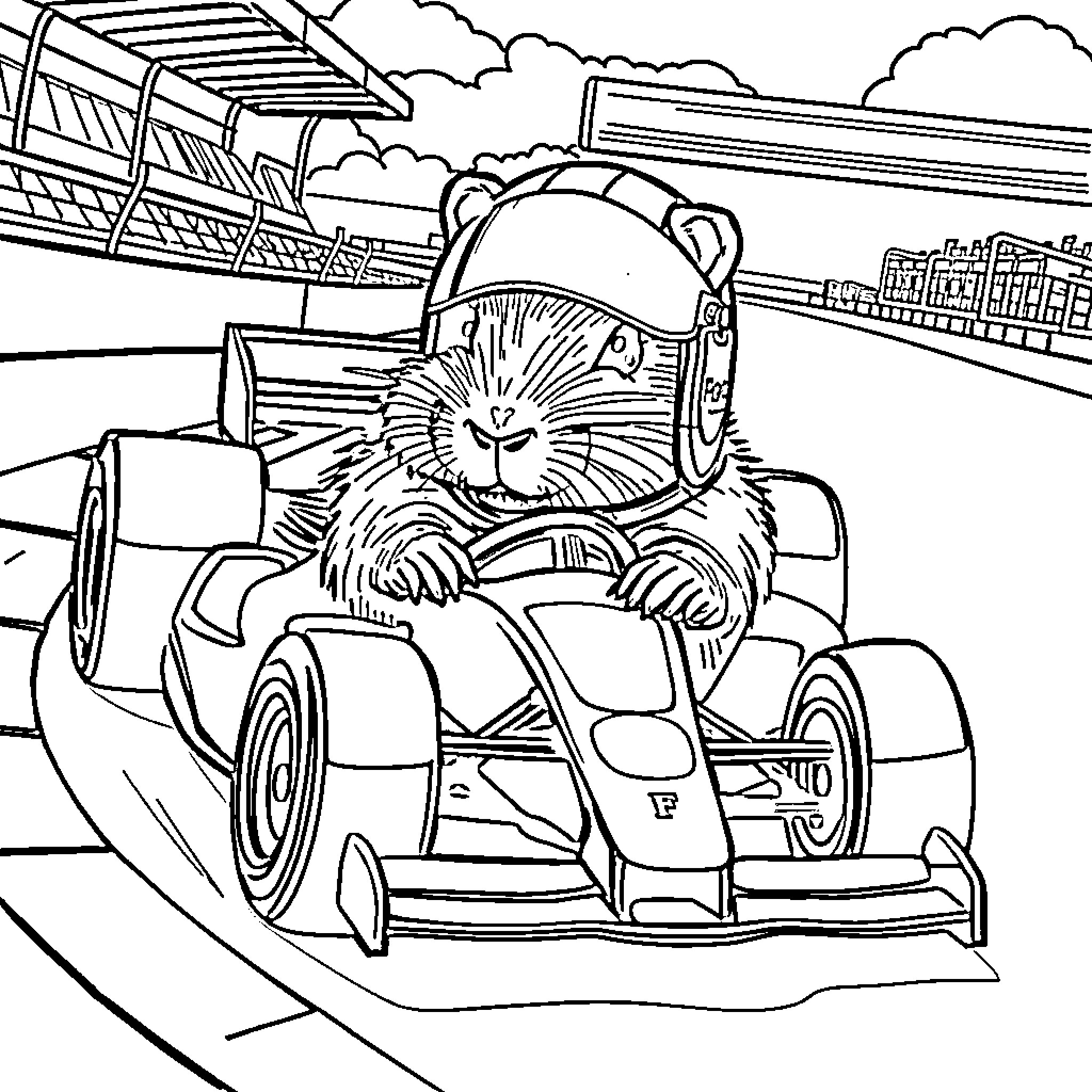 Capybara racing in a formula car on the track Coloring Page (free black-and-white line drawing printable PDF for all, from beginners to advanced learners, including children, teens, adults, and seniors)