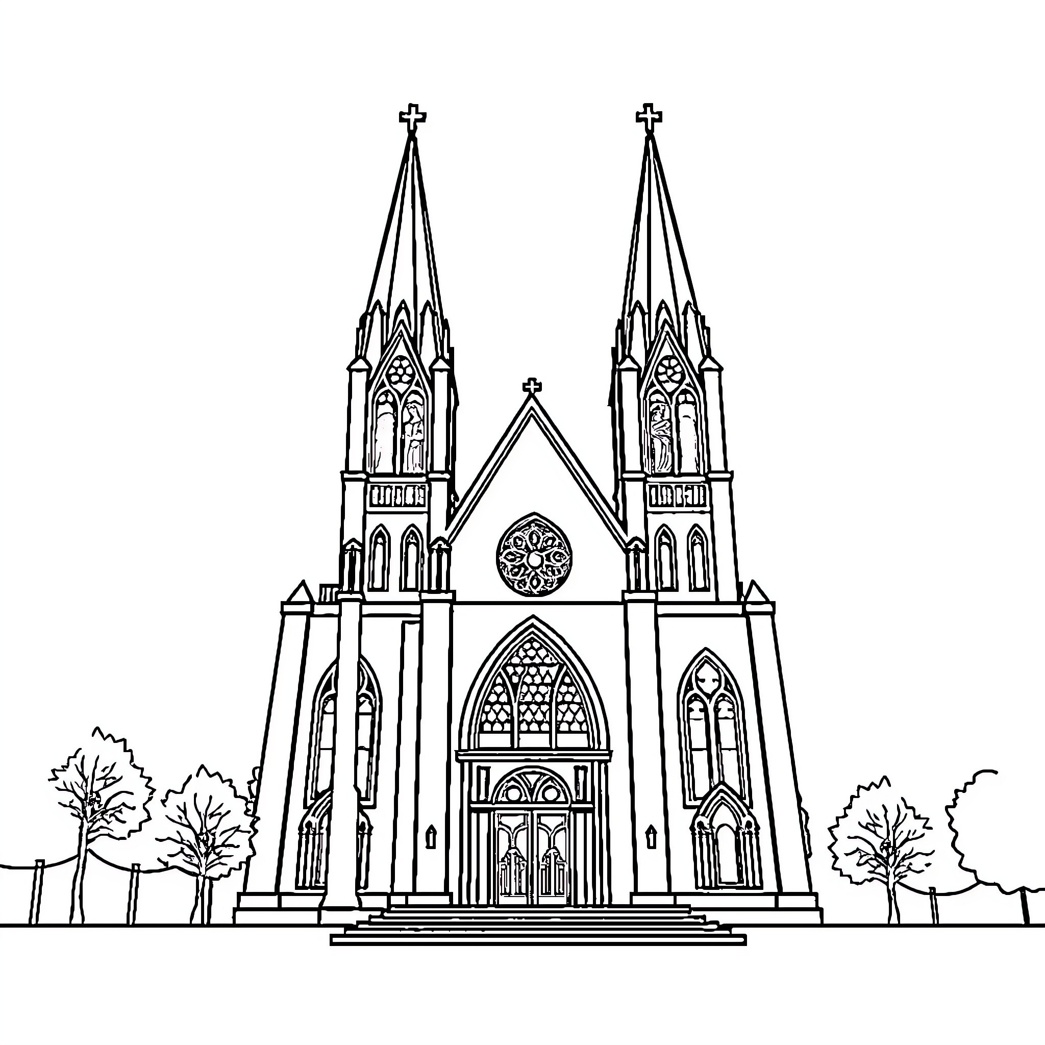Church with Ornate Gothic Architecture and Spires Coloring Page (free black-and-white line drawing printable PDF for all, from beginners to advanced learners, including children, teens, adults, and seniors)
