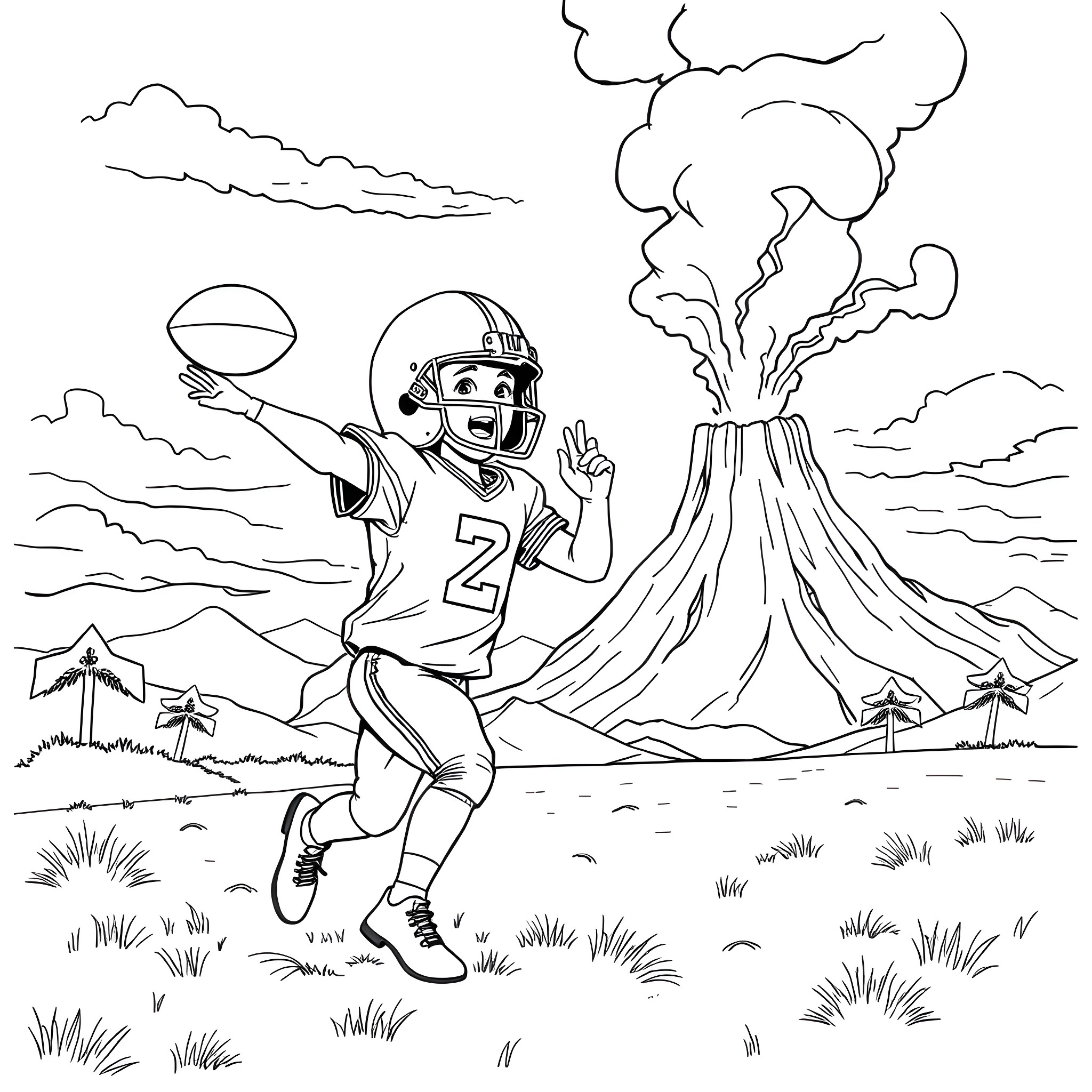 Cooper catching a football by a volcanic eruption Coloring Page (free black-and-white line drawing printable PDF for all, from beginners to advanced learners, including children, teens, adults, and seniors)