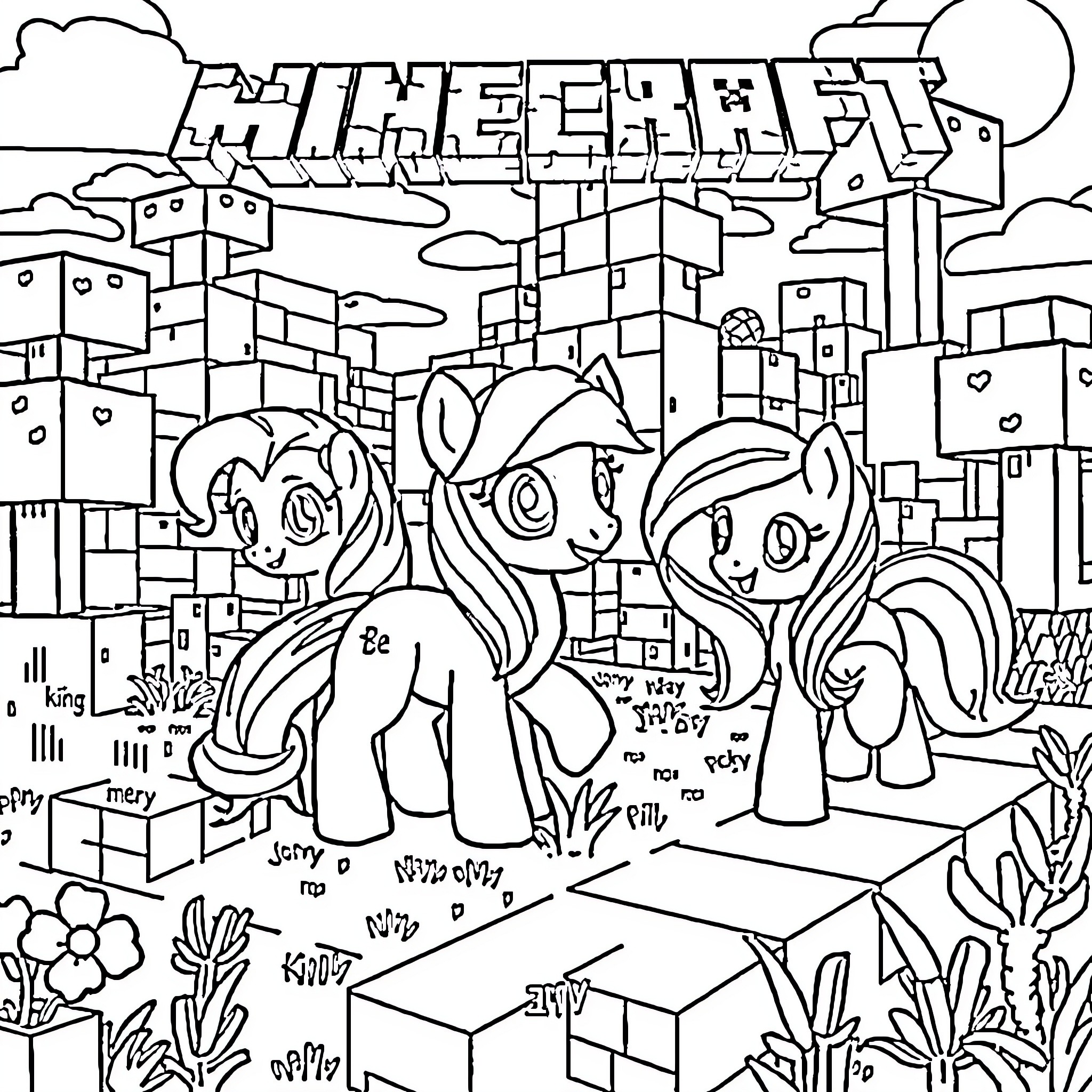 My Little Pony Characters Exploring Fantastical Cityscape Coloring Page (free black-and-white line drawing printable PDF for all, from beginners to advanced learners, including children, teens, adults, and seniors)