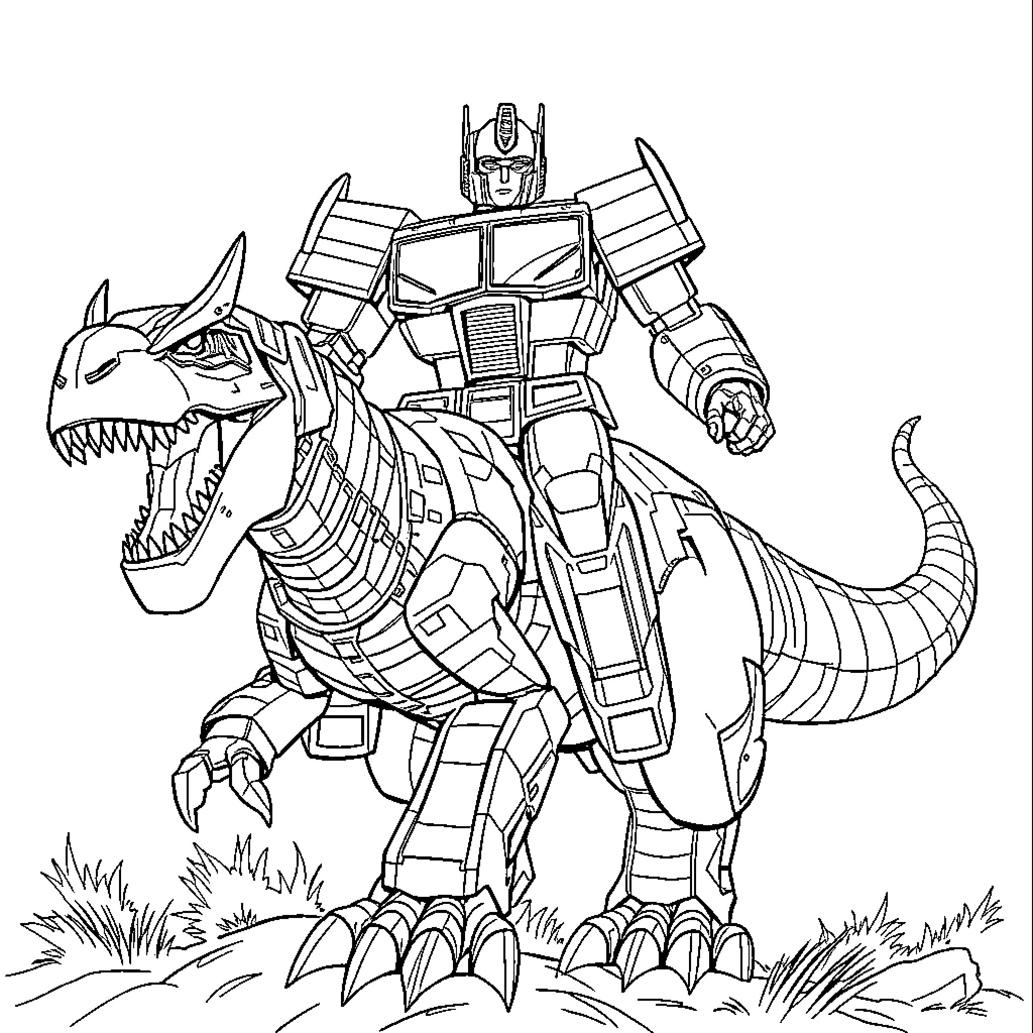 Optimus Prime riding a fierce robotic dinosaur Coloring Page (free black-and-white line drawing printable PDF for all, from beginners to advanced learners, including children, teens, adults, and seniors)