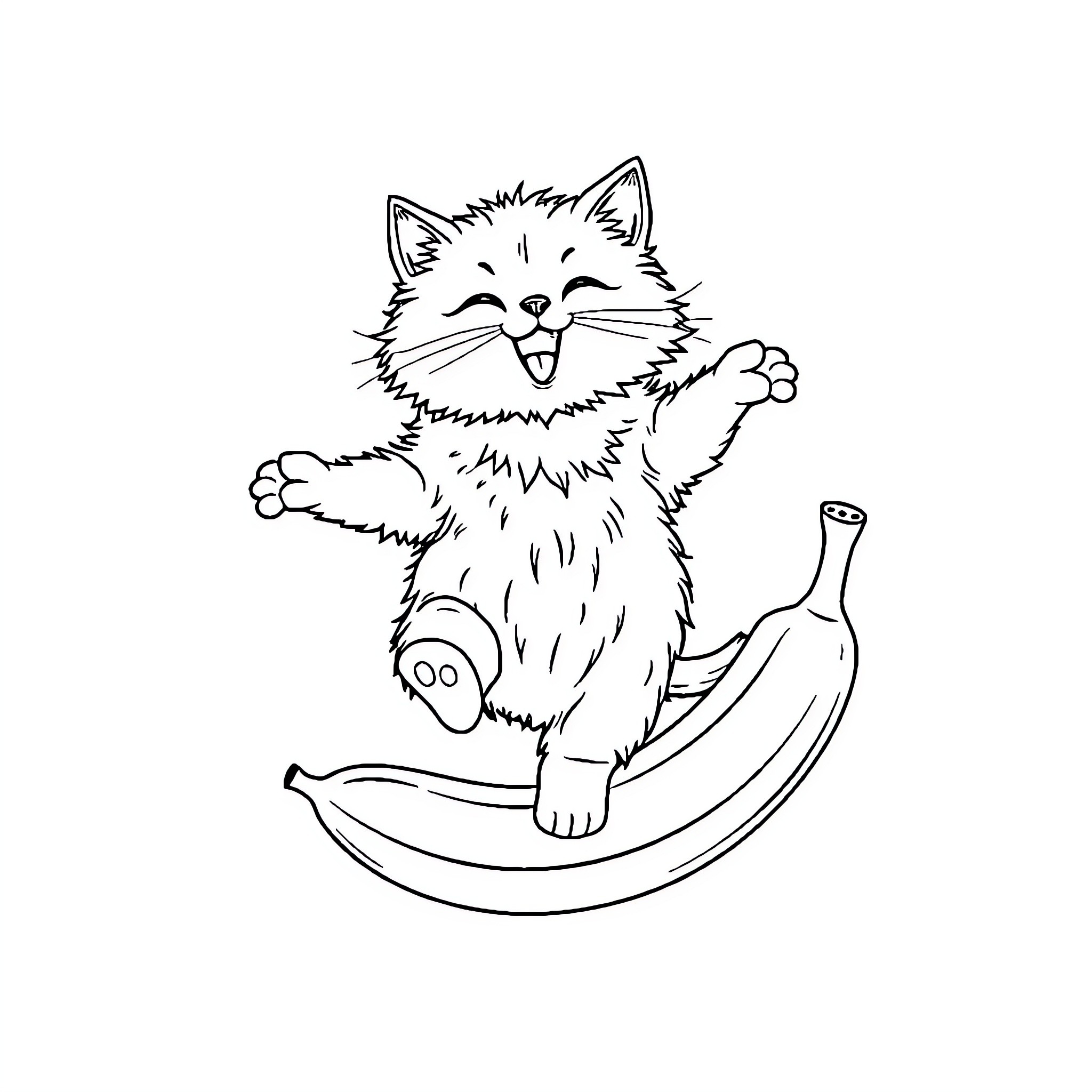 Cat playing on a banana peel Coloring Page (free black-and-white line drawing printable PDF for all, from beginners to advanced learners, including children, teens, adults, and seniors)