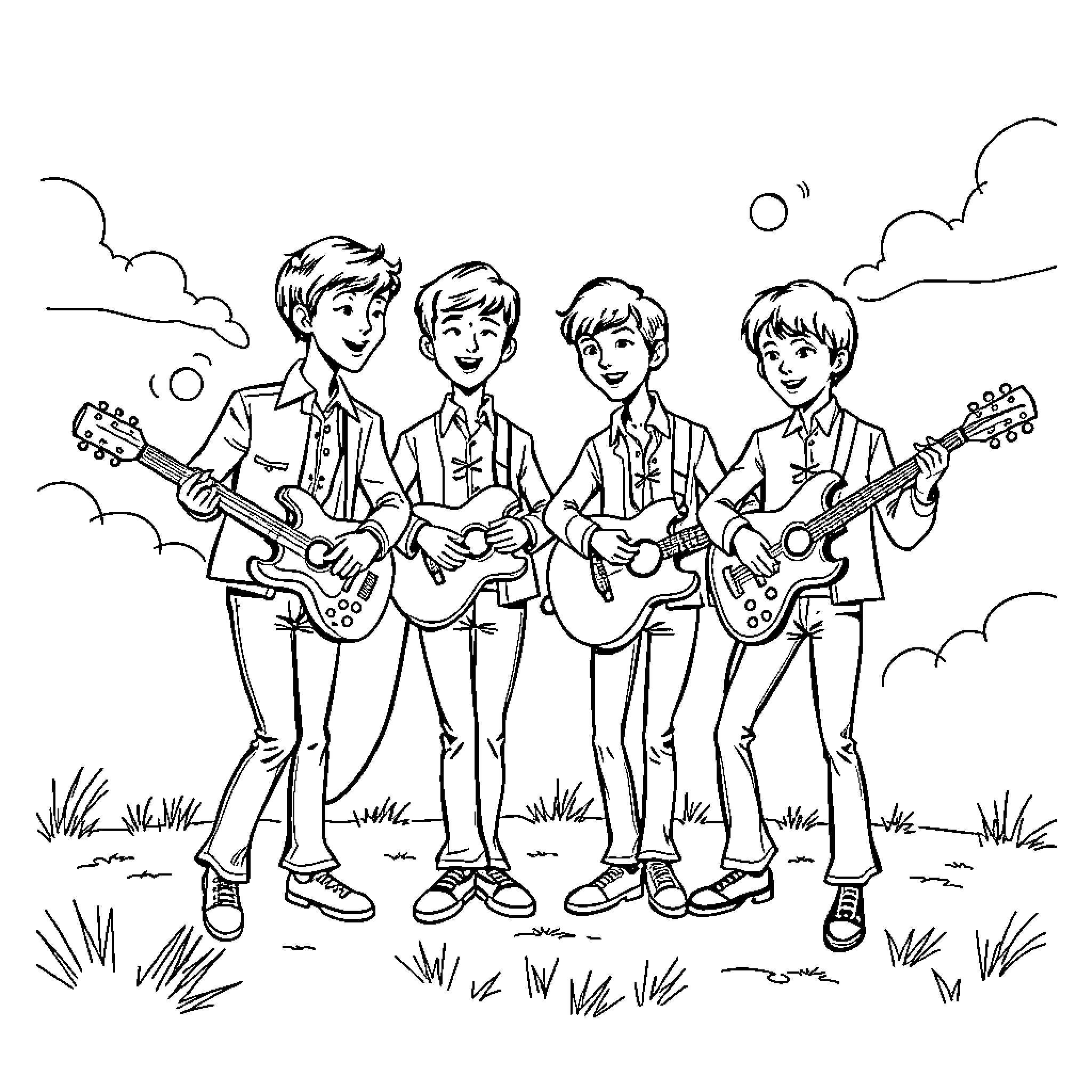 Monkees playing guitar in a grassy field Coloring Page (free black-and-white line drawing printable PDF for all, from beginners to advanced learners, including children, teens, adults, and seniors)