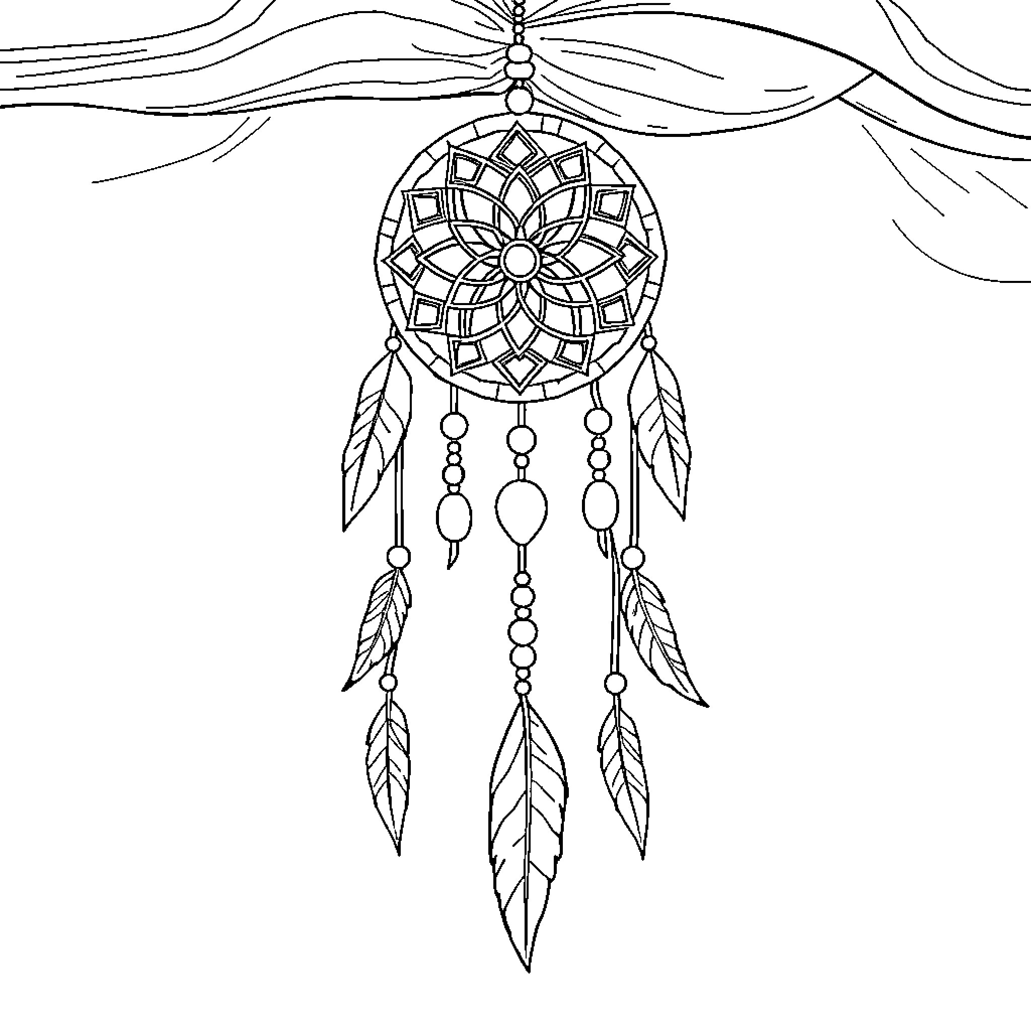 Dreamcatcher with intricate floral design Coloring Page (free black-and-white line drawing printable PDF for all, from beginners to advanced learners, including children, teens, adults, and seniors)