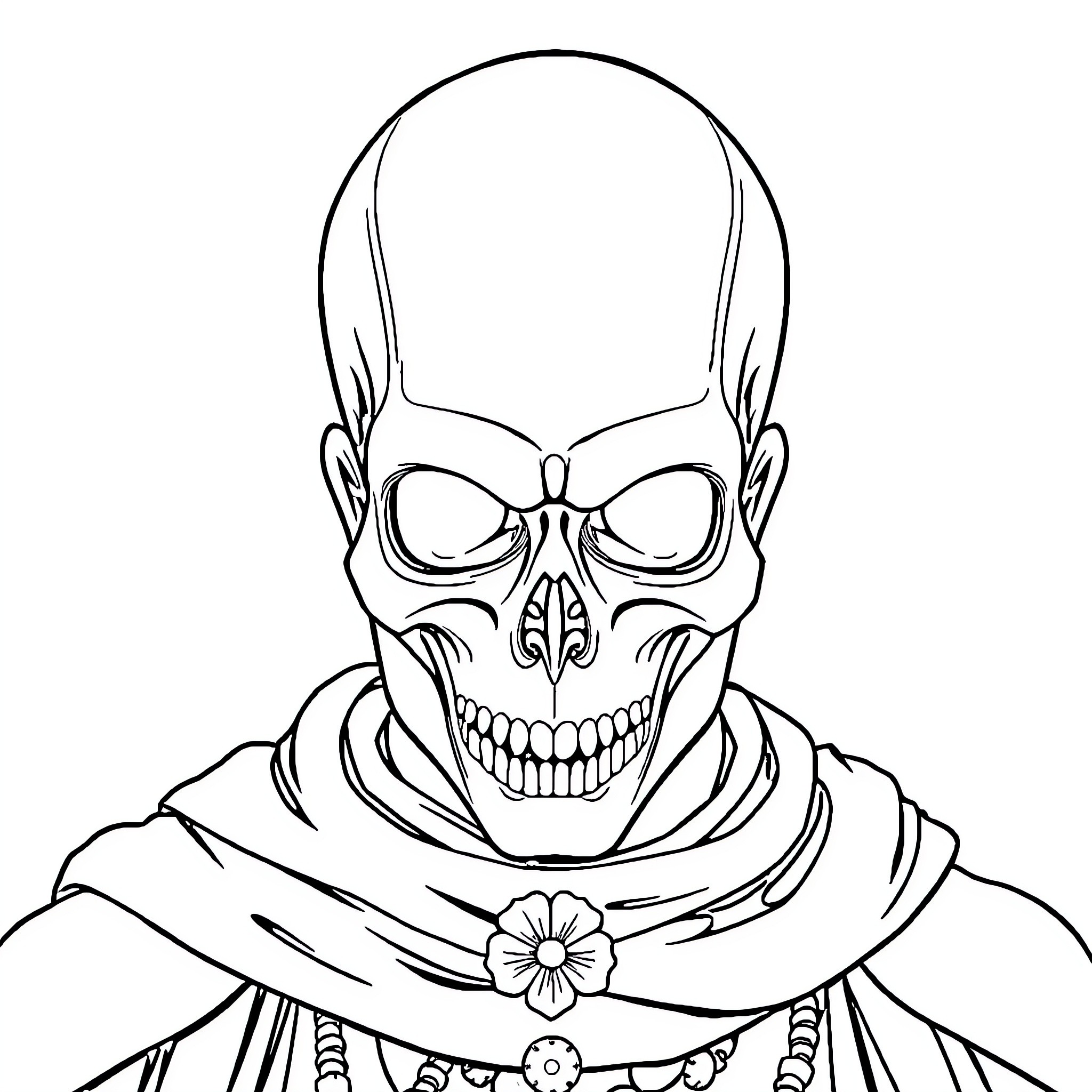 Skull-faced figure in ornate ceremonial garb Coloring Page (free black-and-white line drawing printable PDF for all, from beginners to advanced learners, including children, teens, adults, and seniors)